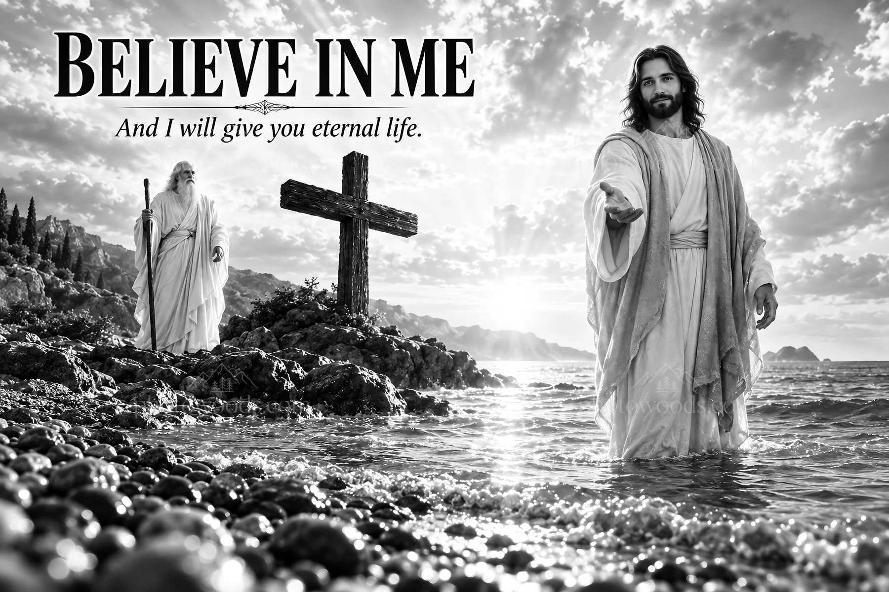 Jesus Christ inviting believers by the sea - AI-generated stock image