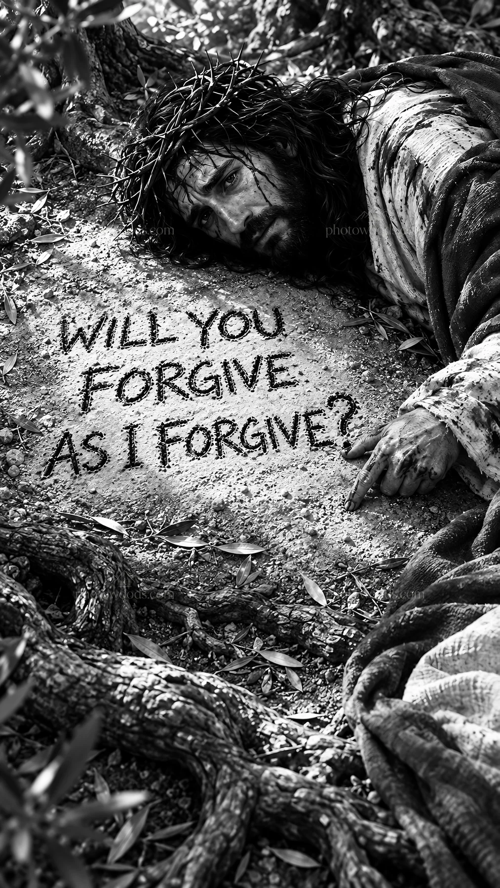 Jesus Christ asking for forgiveness while lying on the ground - AI-generated stock image