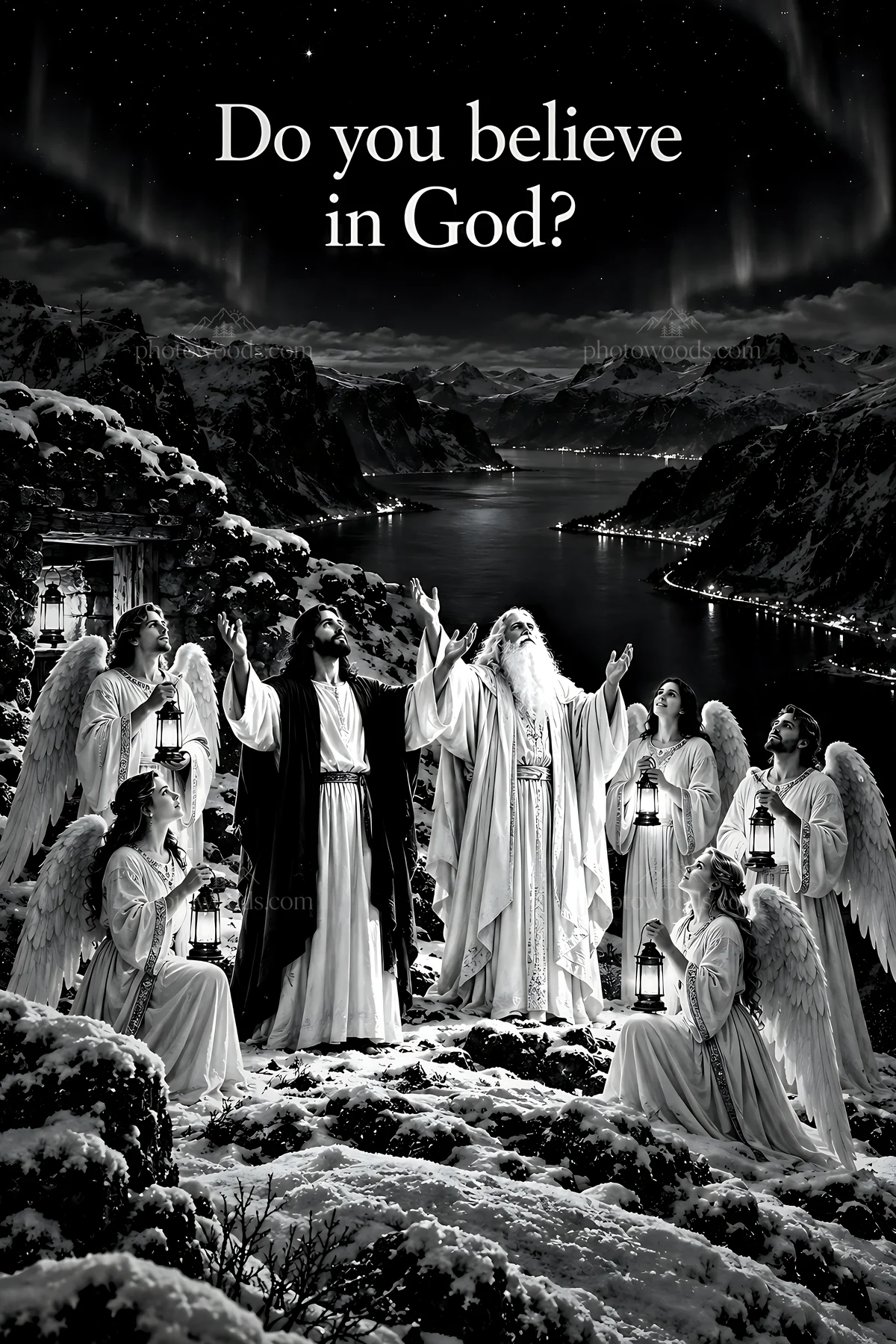 Angels gathered under the Northern Lights in a night scene - AI-generated stock image