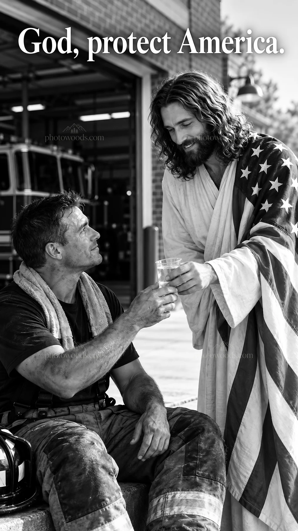 Jesus Christ comforting a firefighter with a glass of water - AI-generated stock image