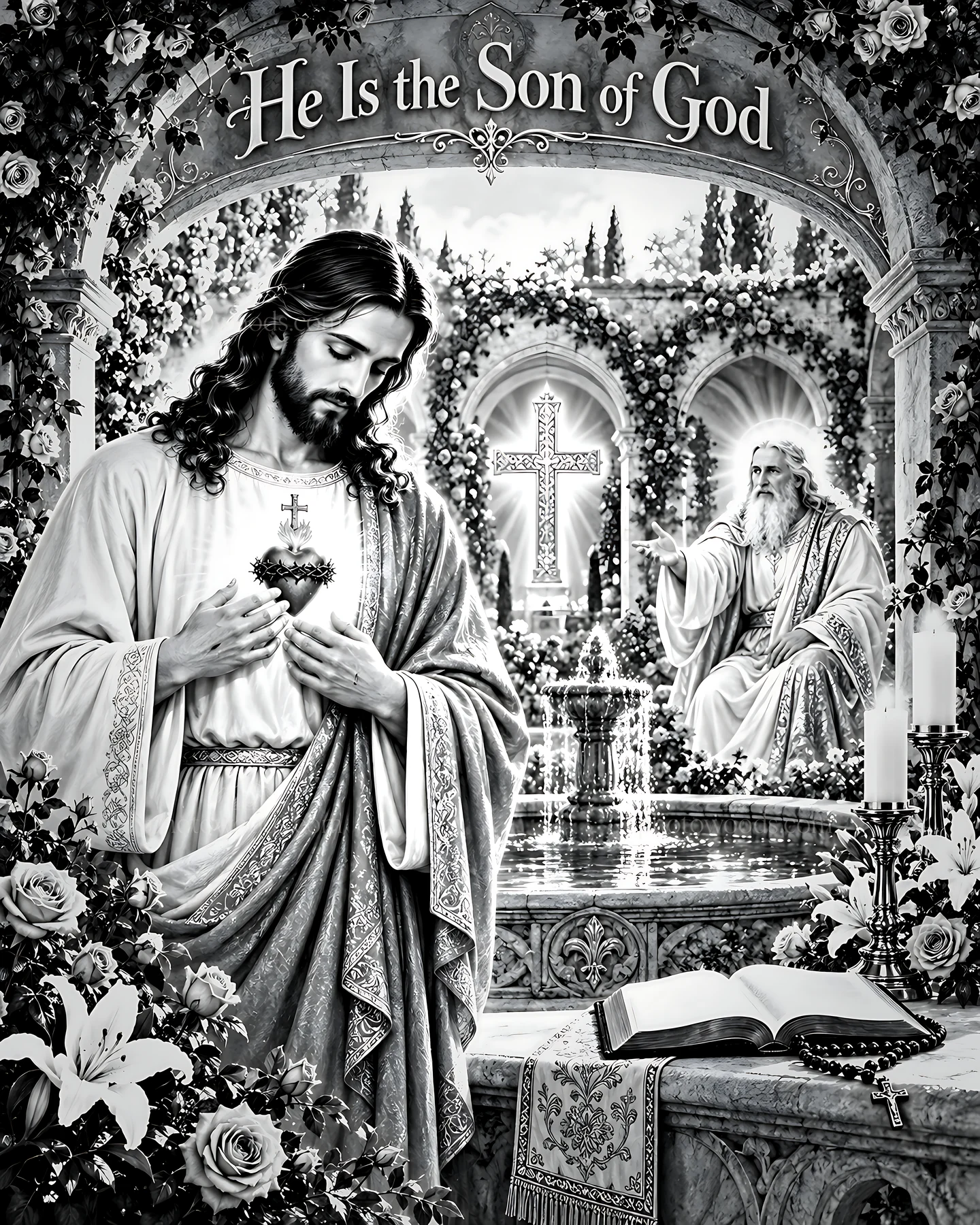 Grace in the rose cloister - AI-generated stock image