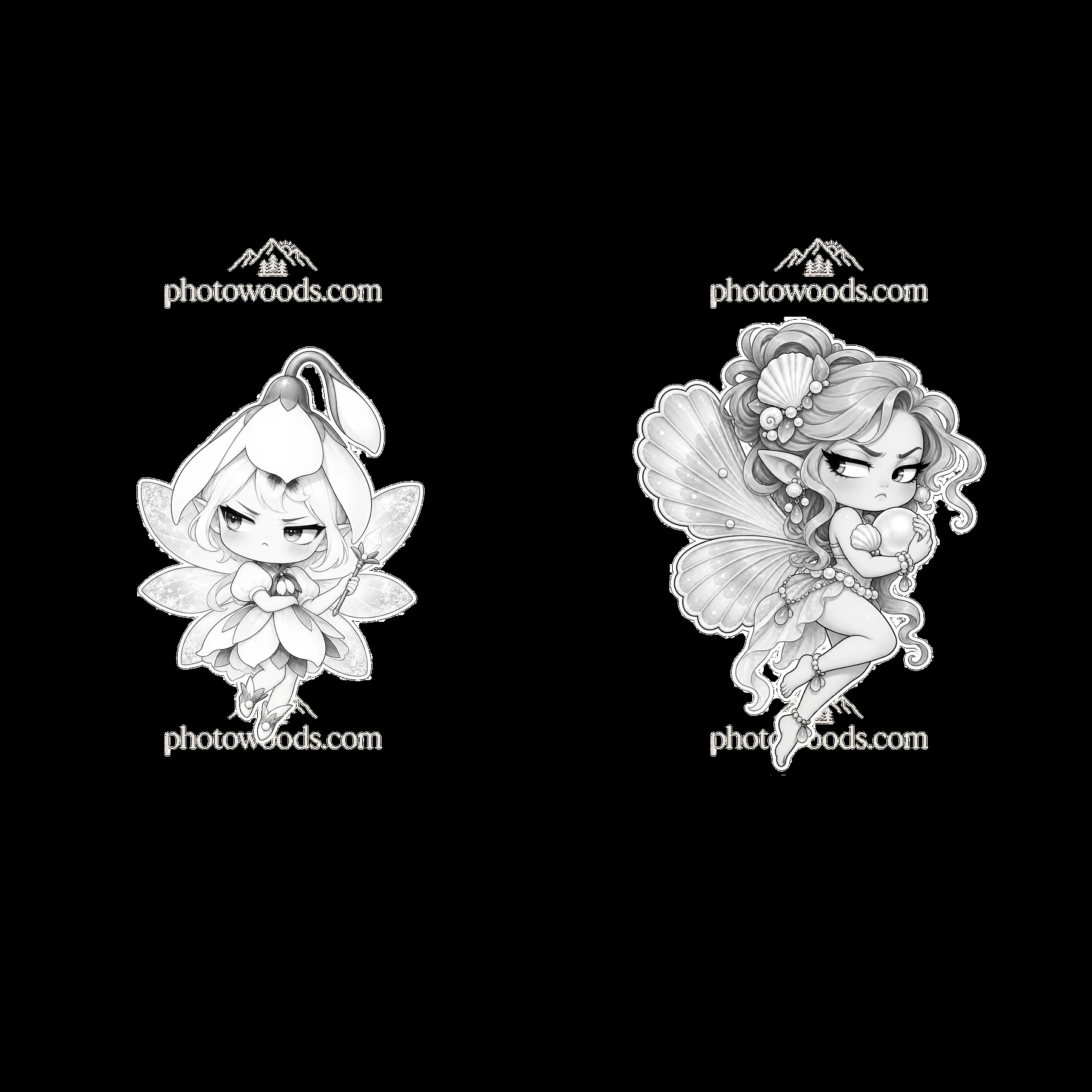 Kawaii grumpy fairies with distinct expressions and accessories - AI-generated stock image