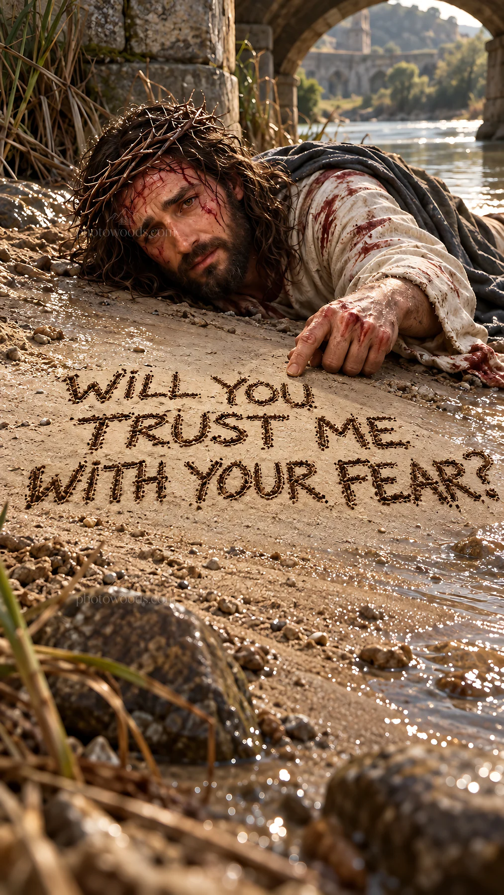 Jesus Christ reaching out with compassion on the riverbank - AI-generated stock image