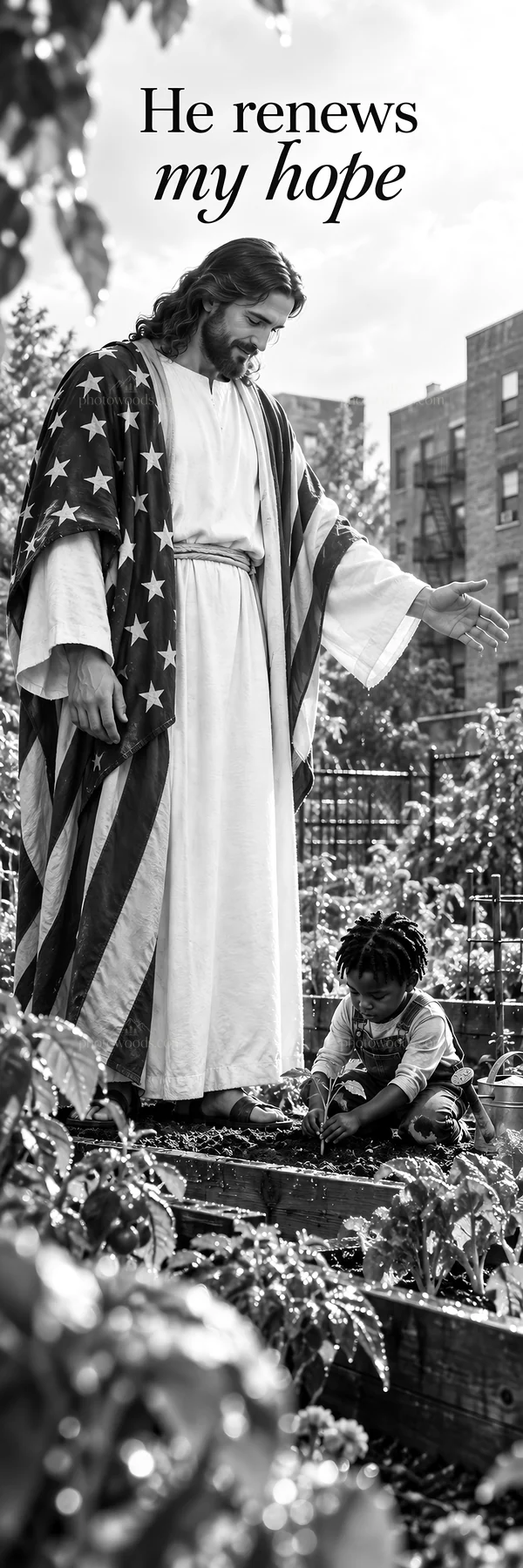 Jesus Christ nurturing hope in a community garden - AI-generated stock image