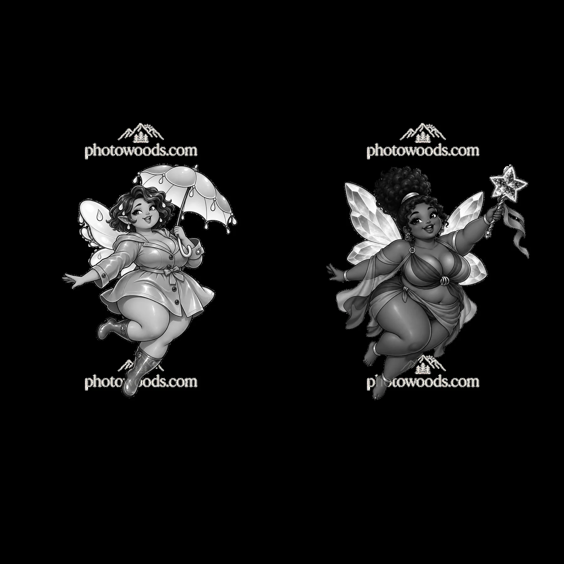 Kawaii ultra-fat fairies with accessories in playful poses - AI-generated stock image