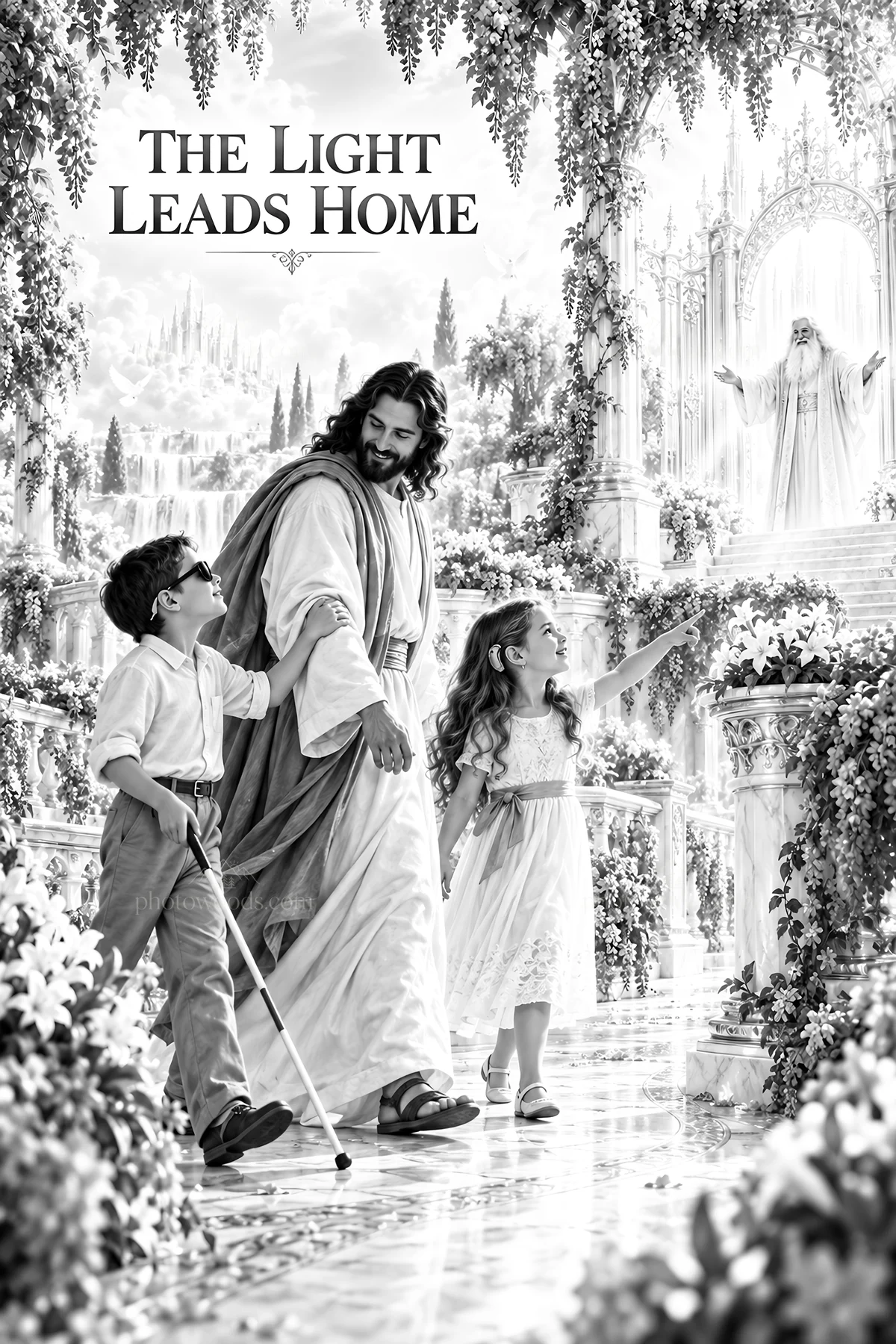 Jesus Christ walking with children in a garden setting - AI-generated stock image