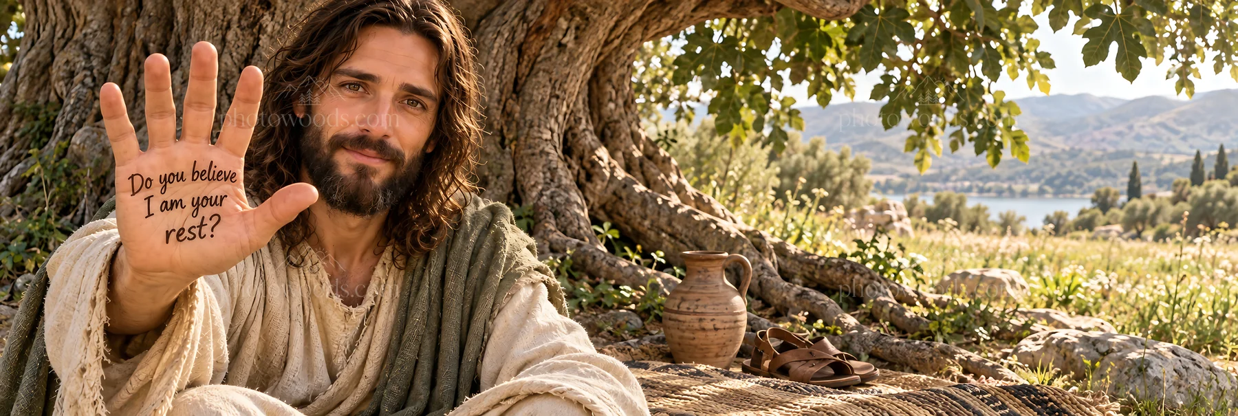 Jesus Christ offers comfort and invites belief near a tree - AI-generated stock image