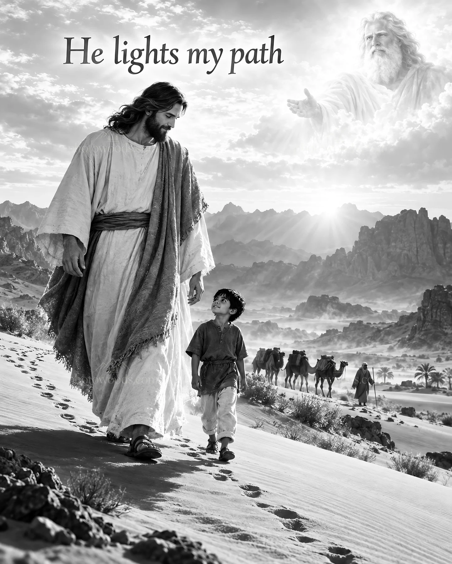 Jesus Christ walking with a child on a desert path - AI-generated stock image