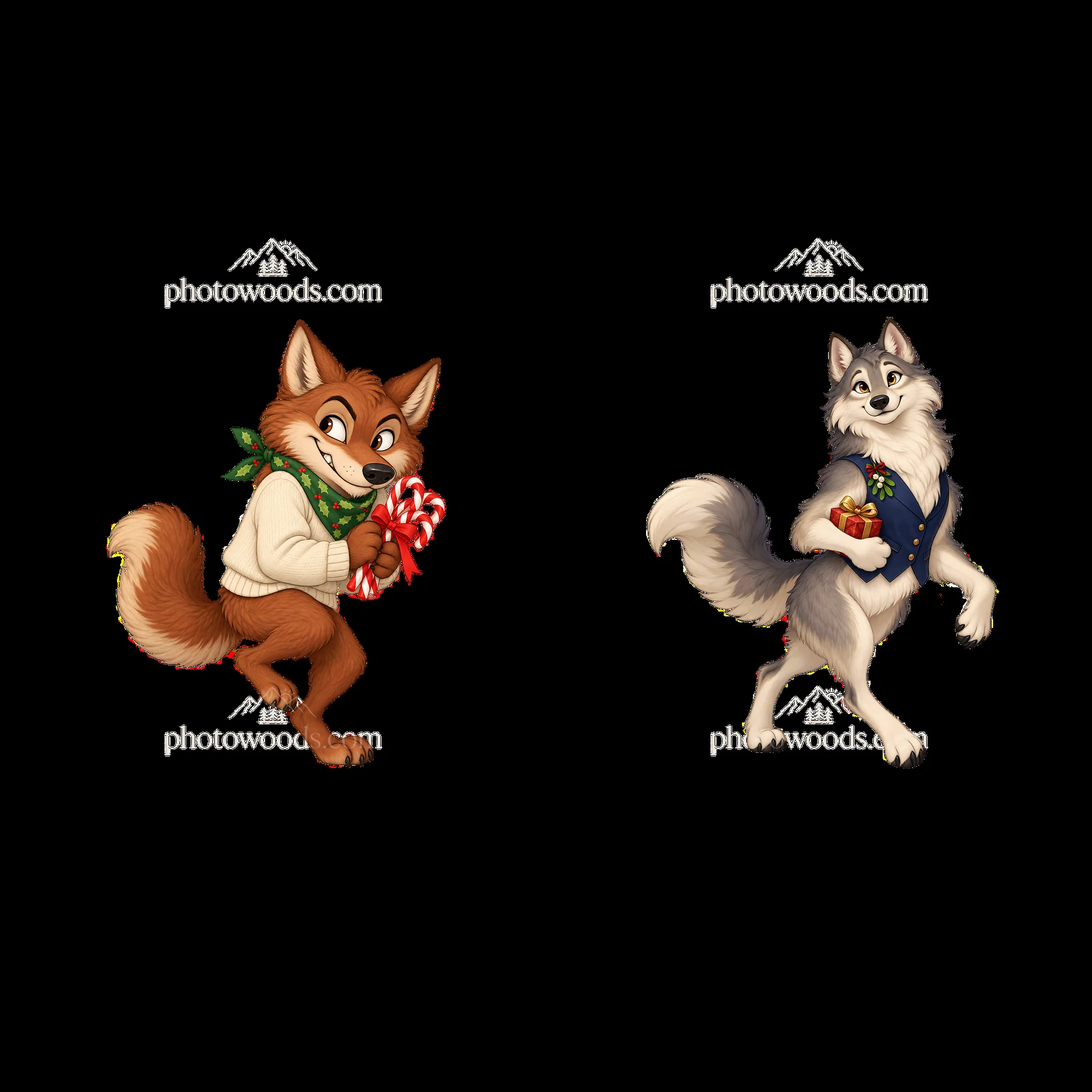 Wolf characters celebrating Christmas with gifts and candy canes - AI-generated stock image