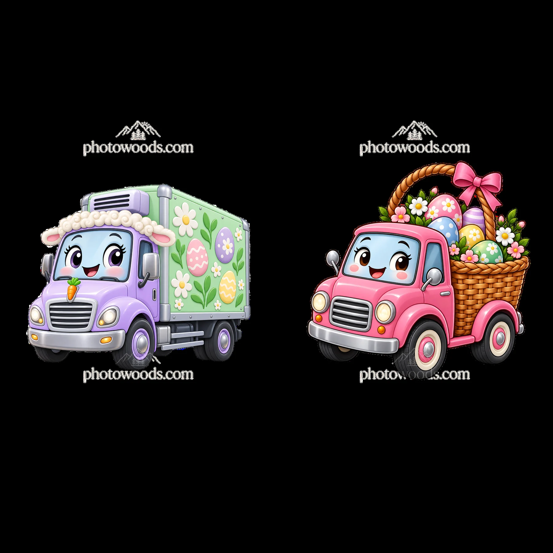 Easter truck with decorated eggs and bunny themed delivery van - AI-generated stock image