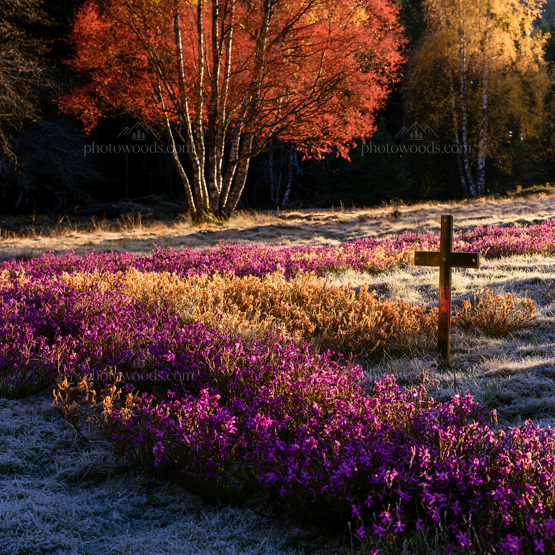 Christian cross in frost covered meadow with flowers - AI-generated stock image