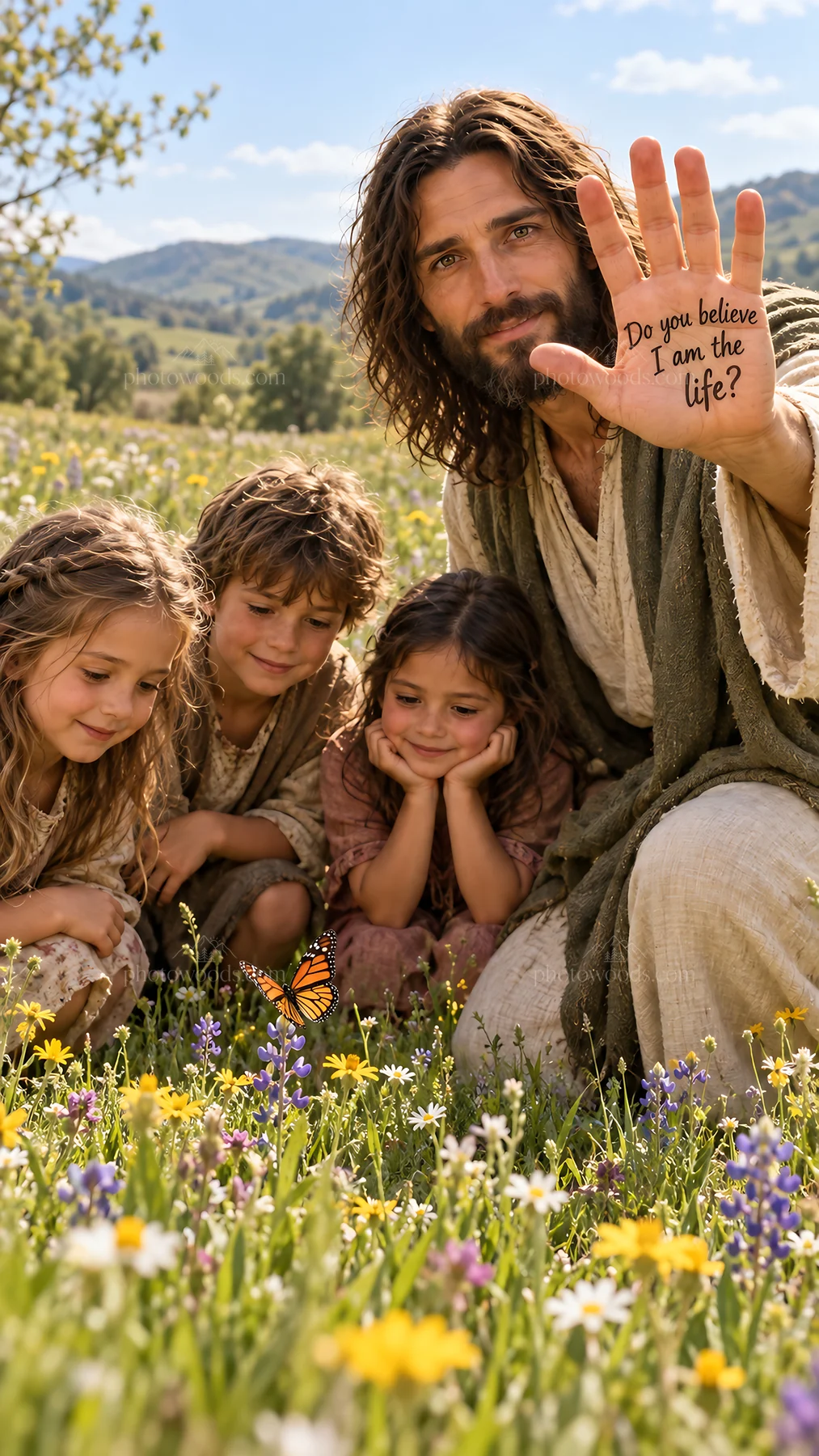 Jesus Christ teaching children in a garden - AI-generated stock image