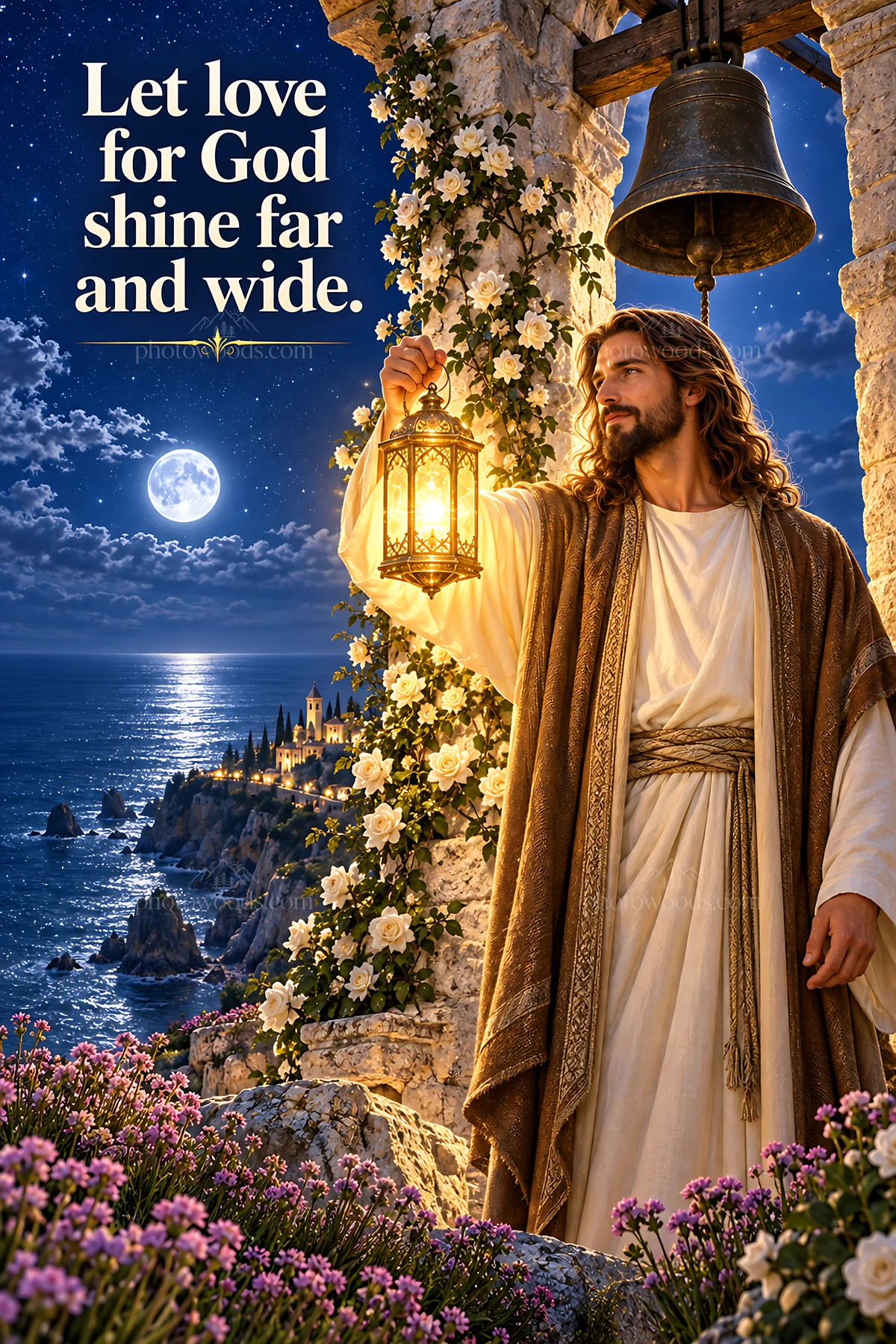 Jesus Christ holding a lantern by the sea at night - AI-generated stock image
