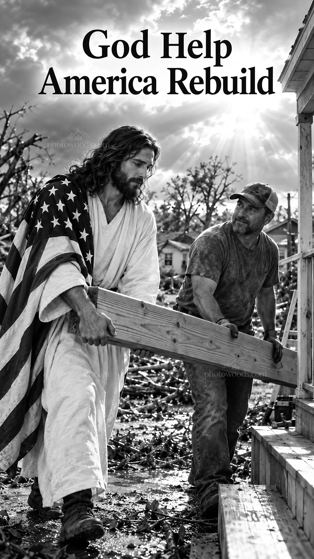 Jesus Christ helping a man rebuild after disaster - AI-generated stock image