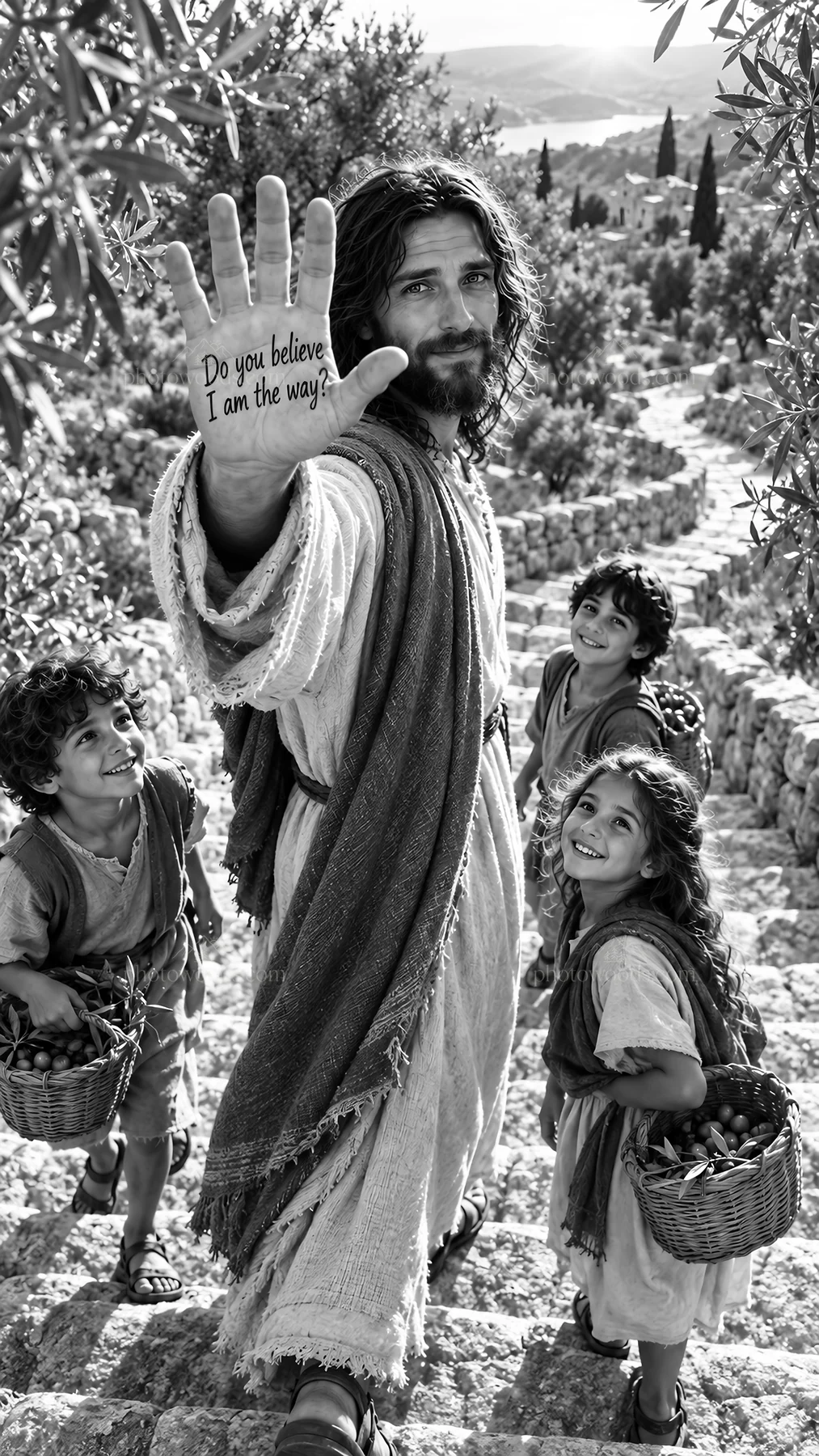 Jesus Christ with children sharing faith and compassion - AI-generated stock image