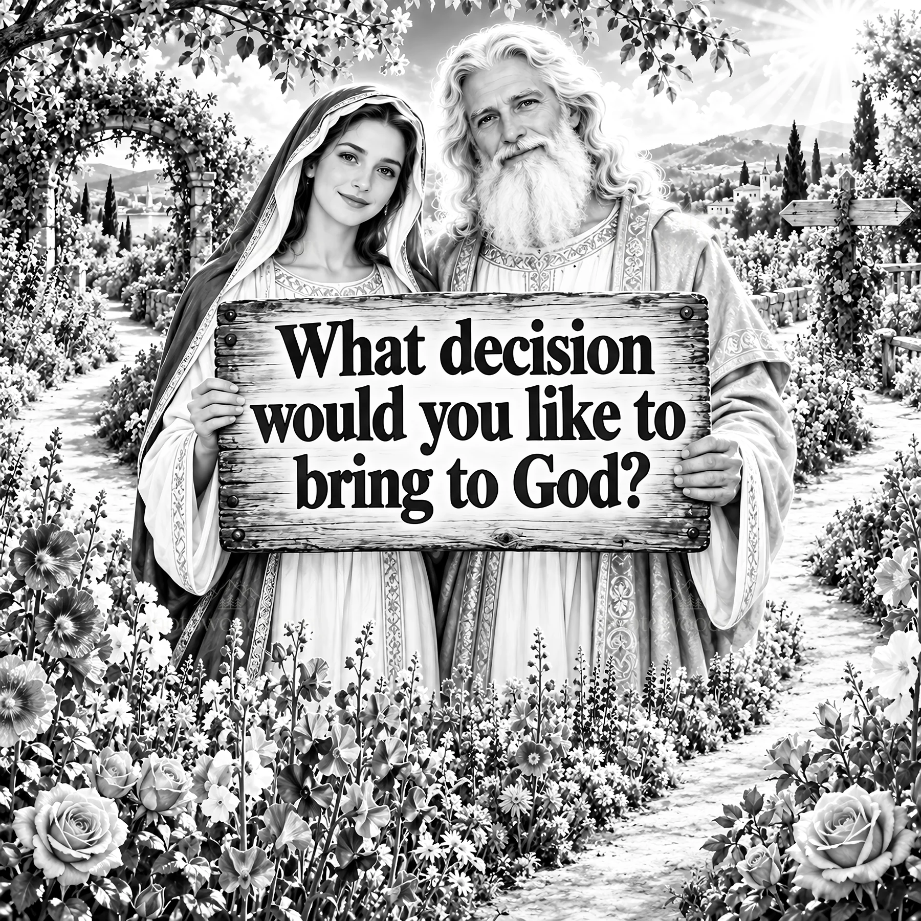 Jesus Christ with a figure asking about bringing decisions to God - AI-generated stock image