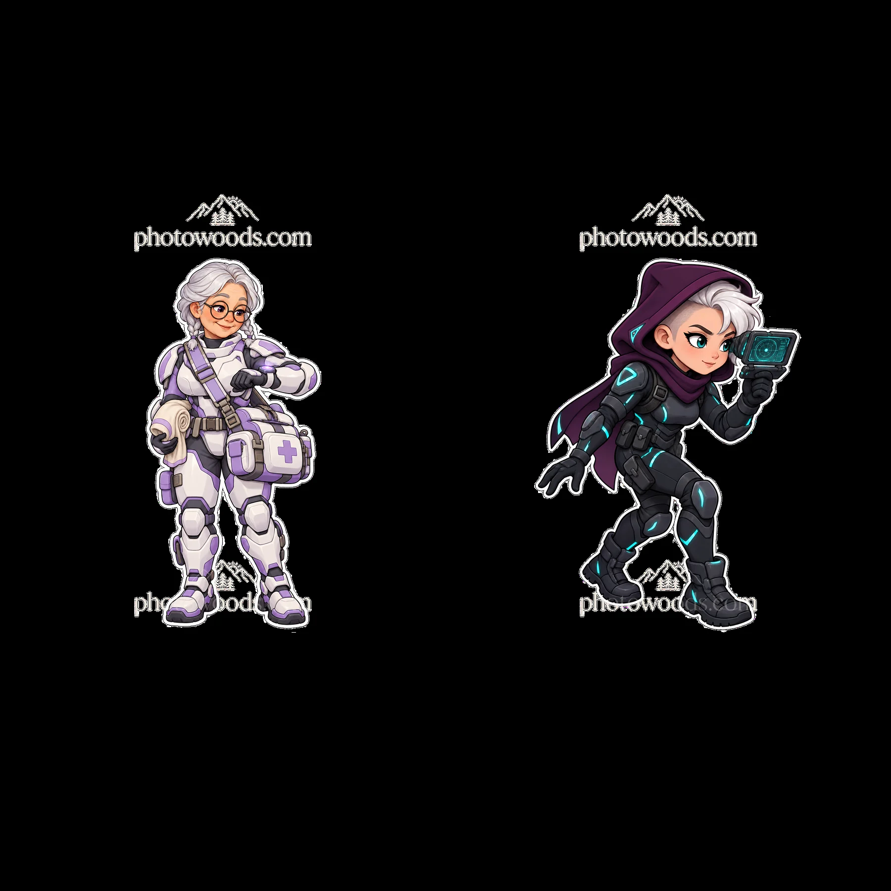 Kawaii futuristic super-soldier duo in cartoon sticker form - AI-generated stock image