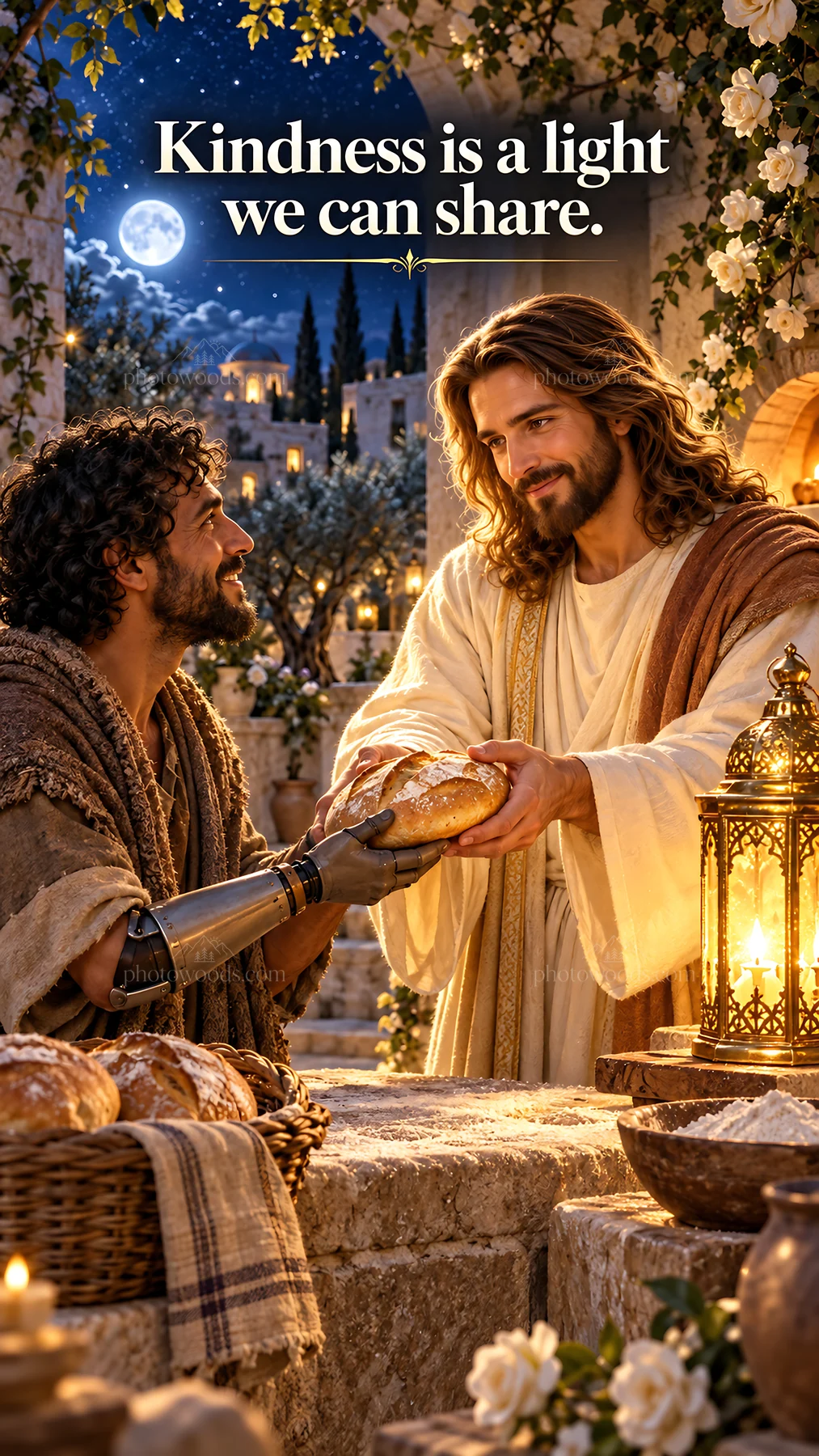 Jesus Christ sharing bread with a man in a warm setting - AI-generated stock image