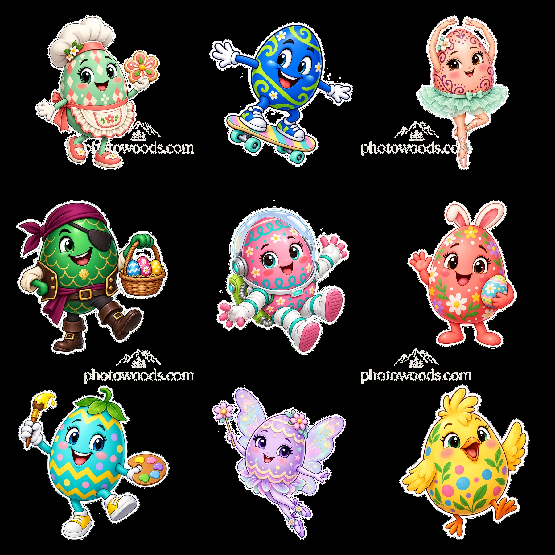 Colorful Easter egg characters in a 3x3 arrangement - AI-generated stock image