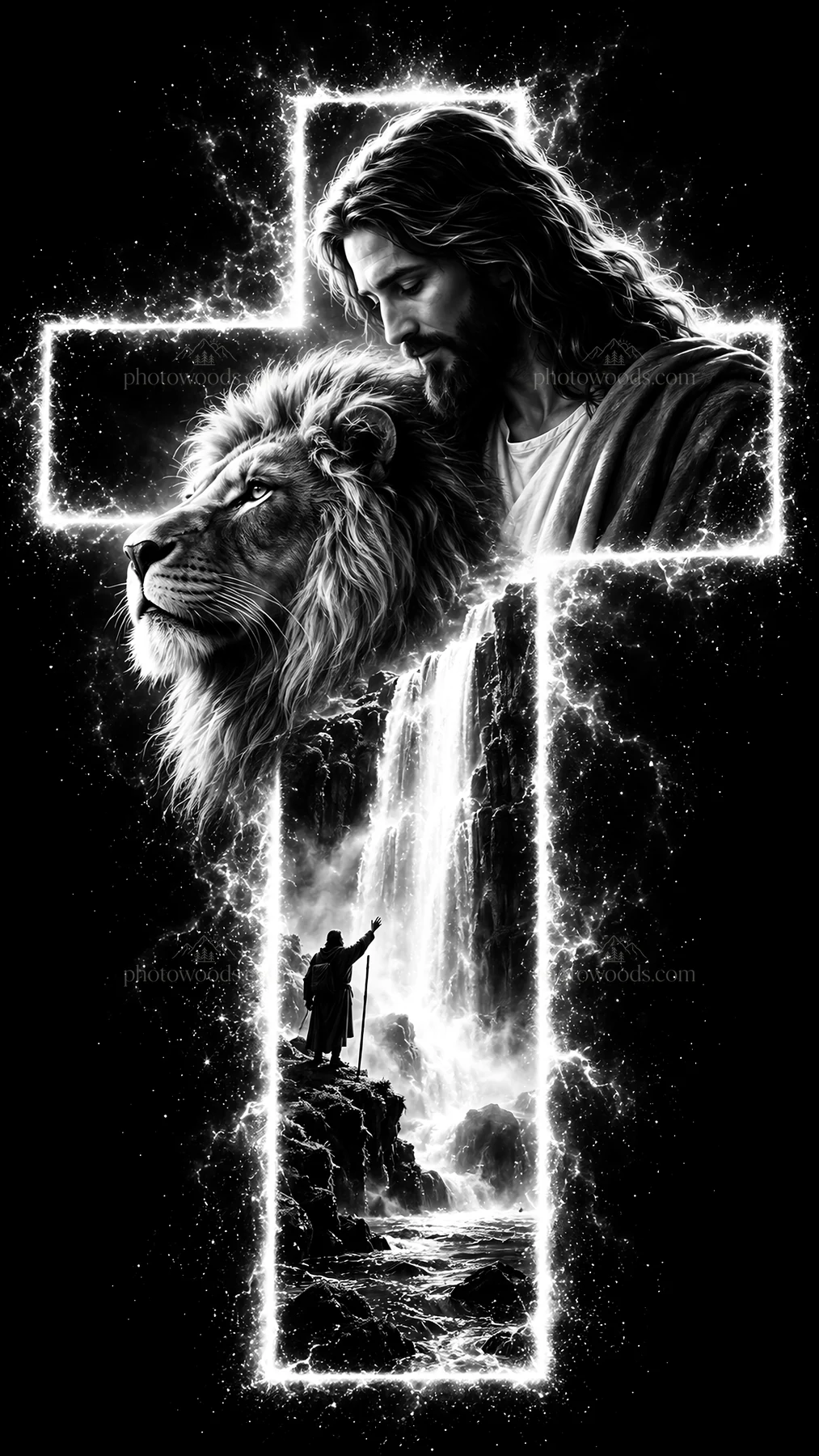 Jesus Christ with a lion and waterfall in a cross design - AI-generated stock image