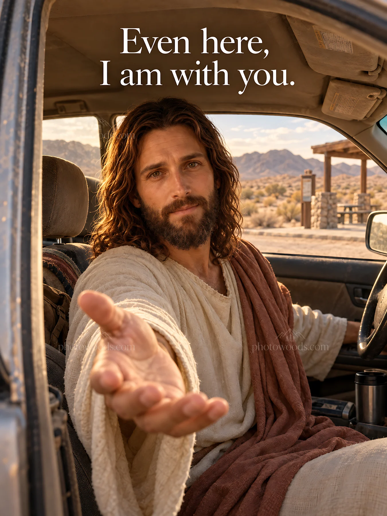 Jesus Christ offering comfort in a car - AI-generated stock image