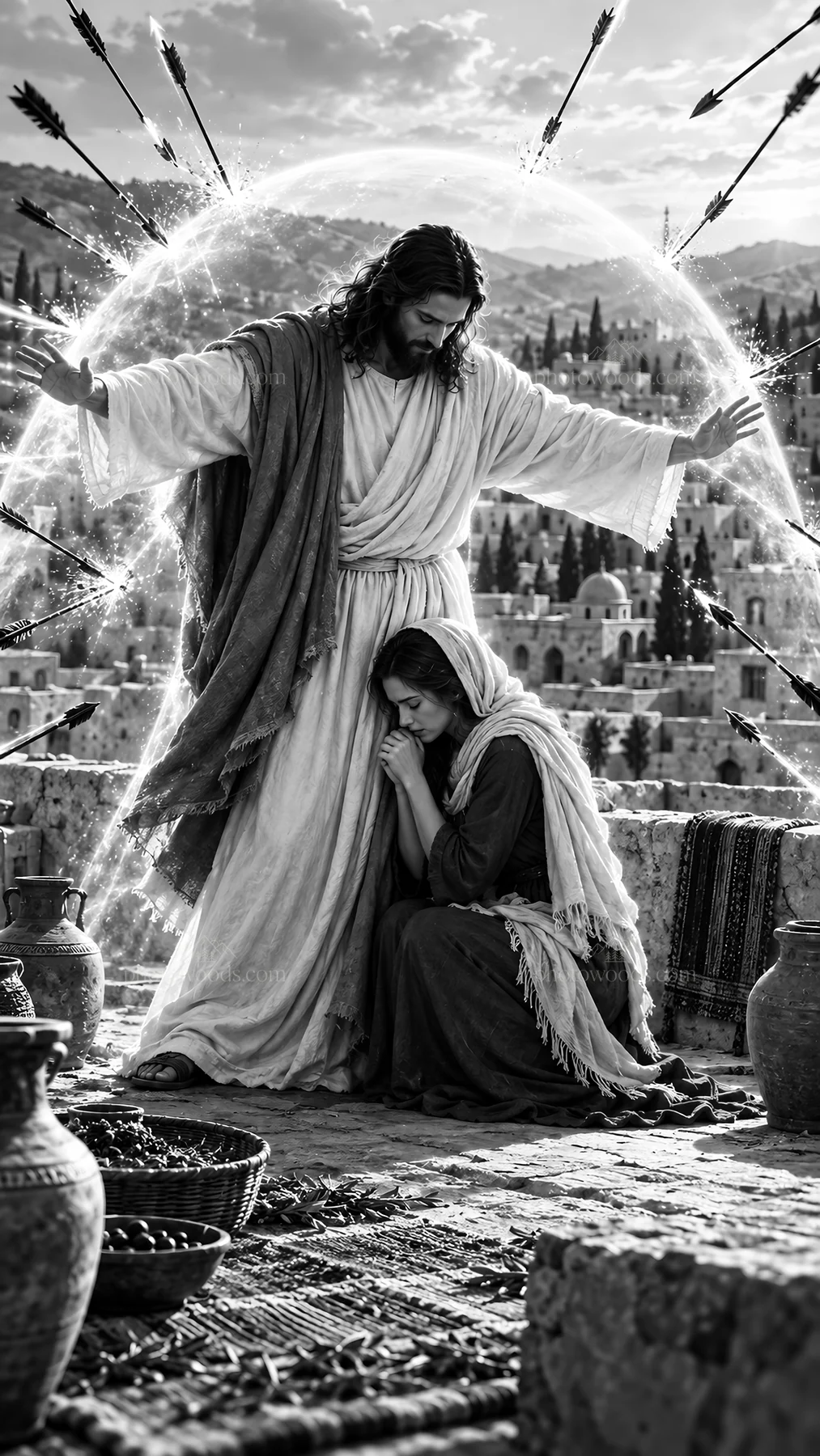 Jesus Christ comforting a woman in a historic setting - AI-generated stock image