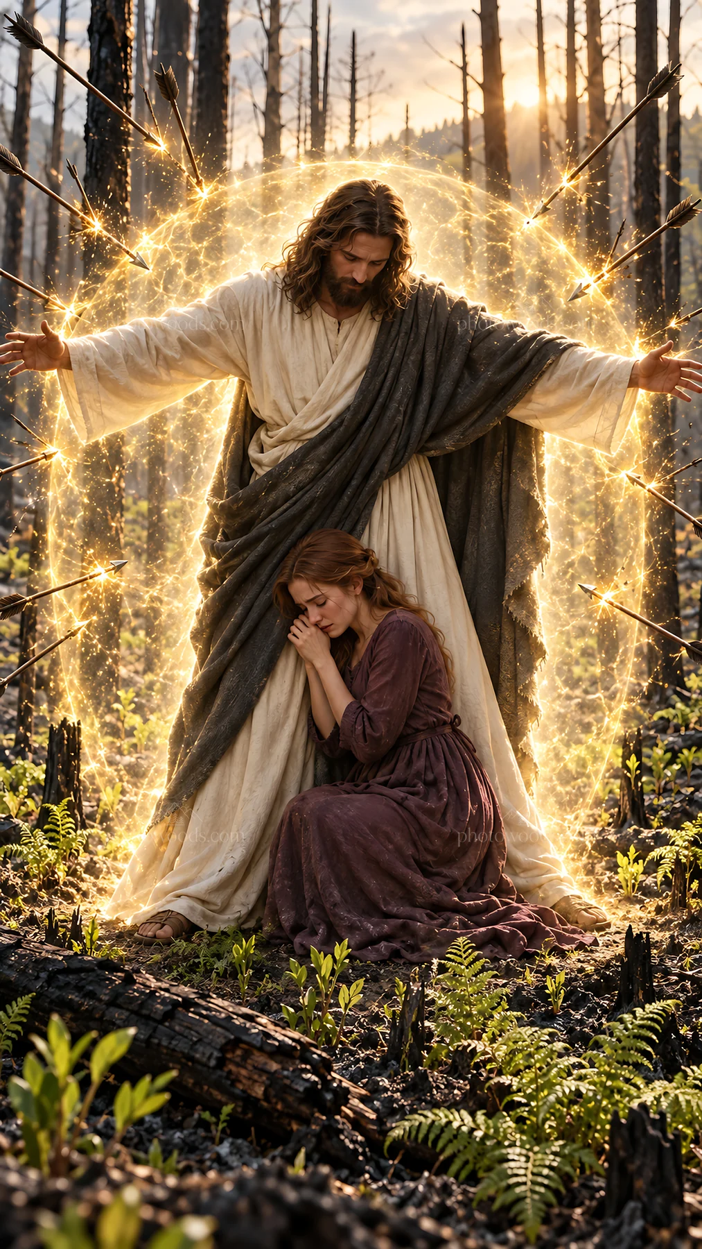 Jesus Christ comforting a woman in a burnt forest - AI-generated stock image