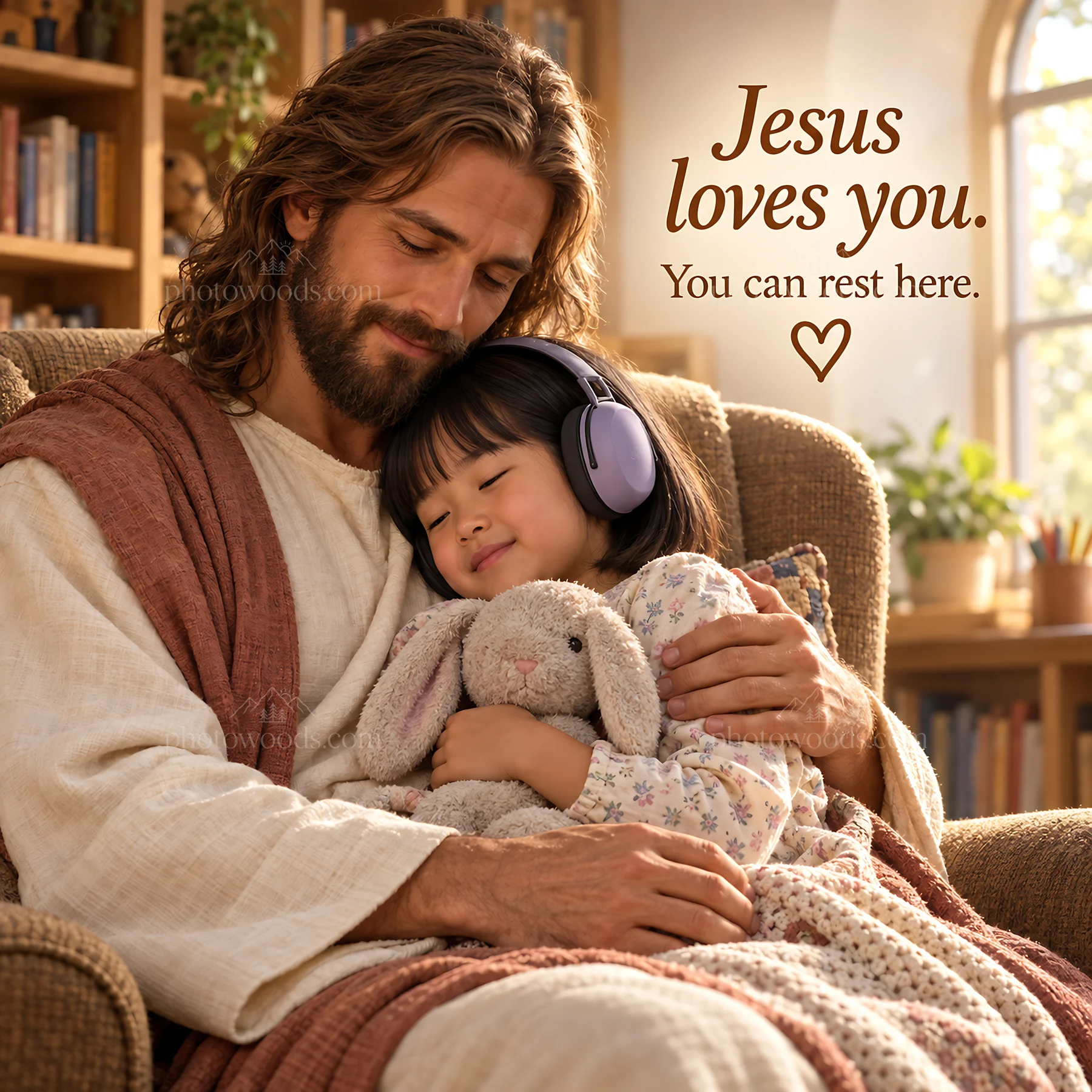 Jesus Christ comforting a child in a cozy setting - AI-generated stock image