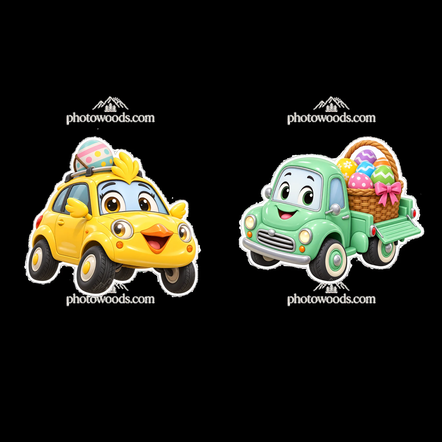 Easter-themed cars with cartoon characters carrying eggs - AI-generated stock image