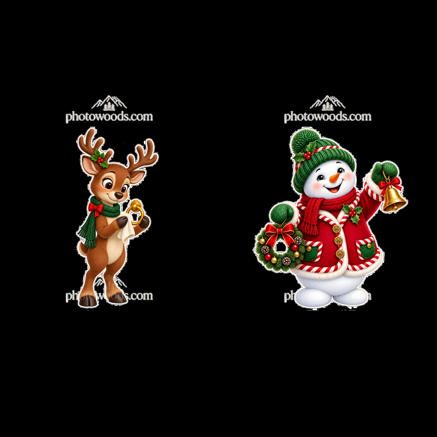 Reindeer holding a bell and snowman with wreath for Christmas - AI-generated stock image