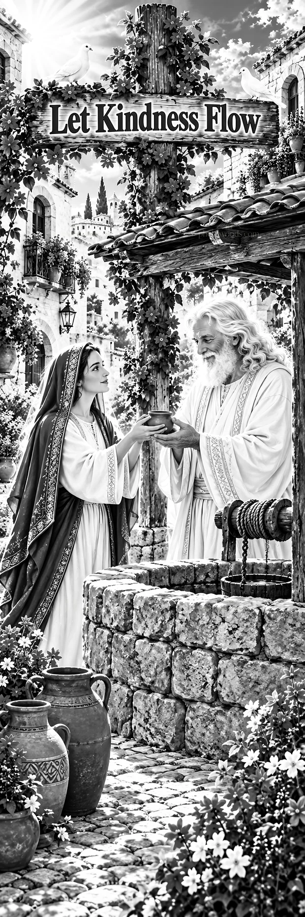 Jesus Christ sharing a bowl with a woman at a well - AI-generated stock image