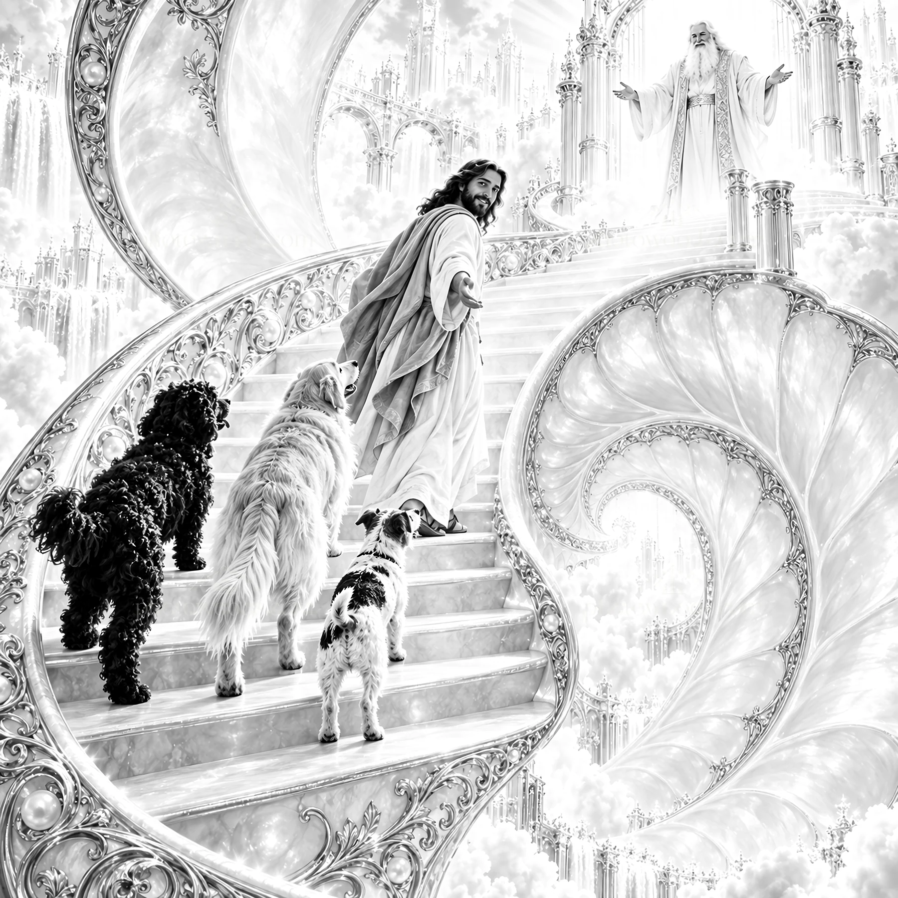 Jesus Christ walking up the stairs with dogs in a heavenly setting - AI-generated stock image