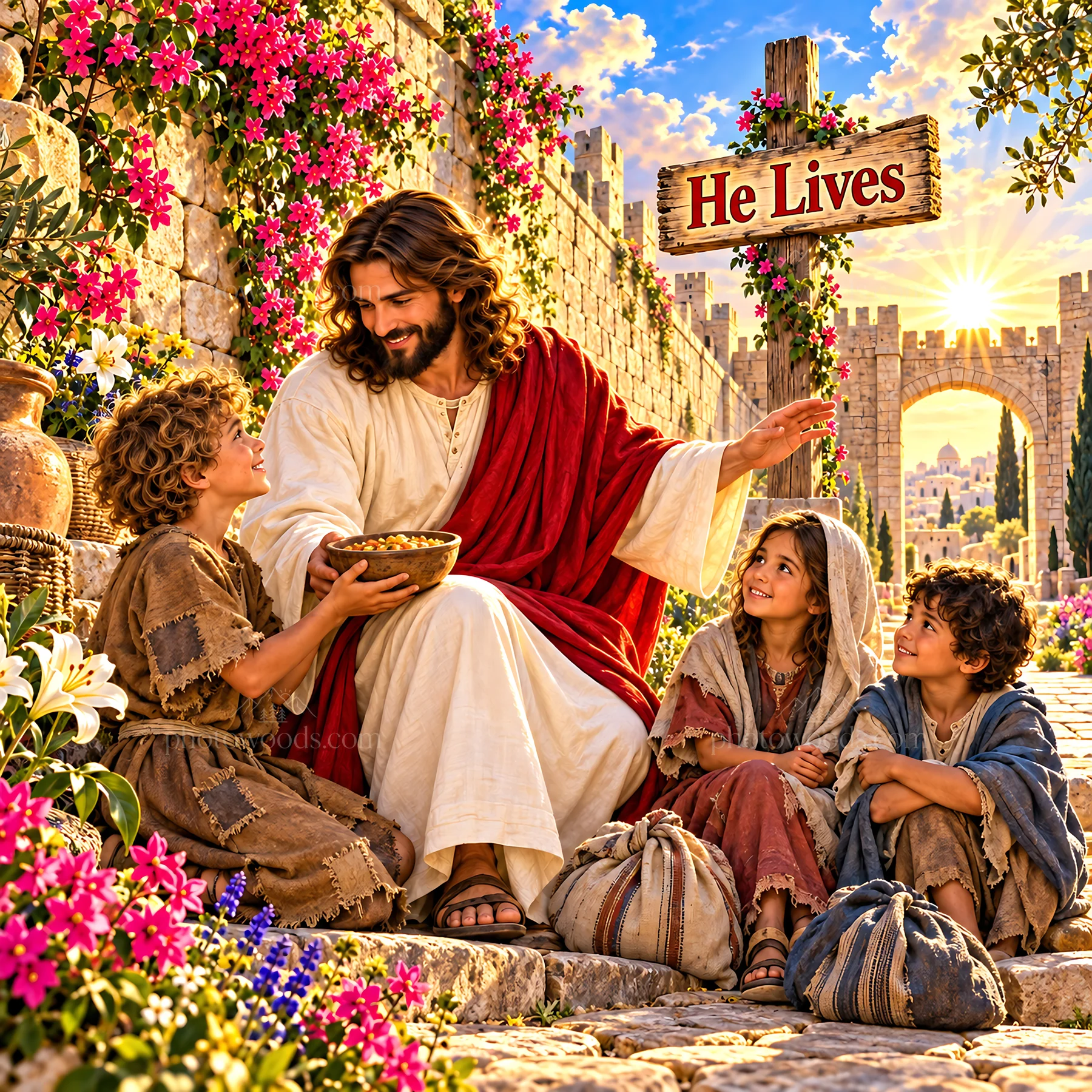 Jesus Christ sharing a meal with children in a garden - AI-generated stock image