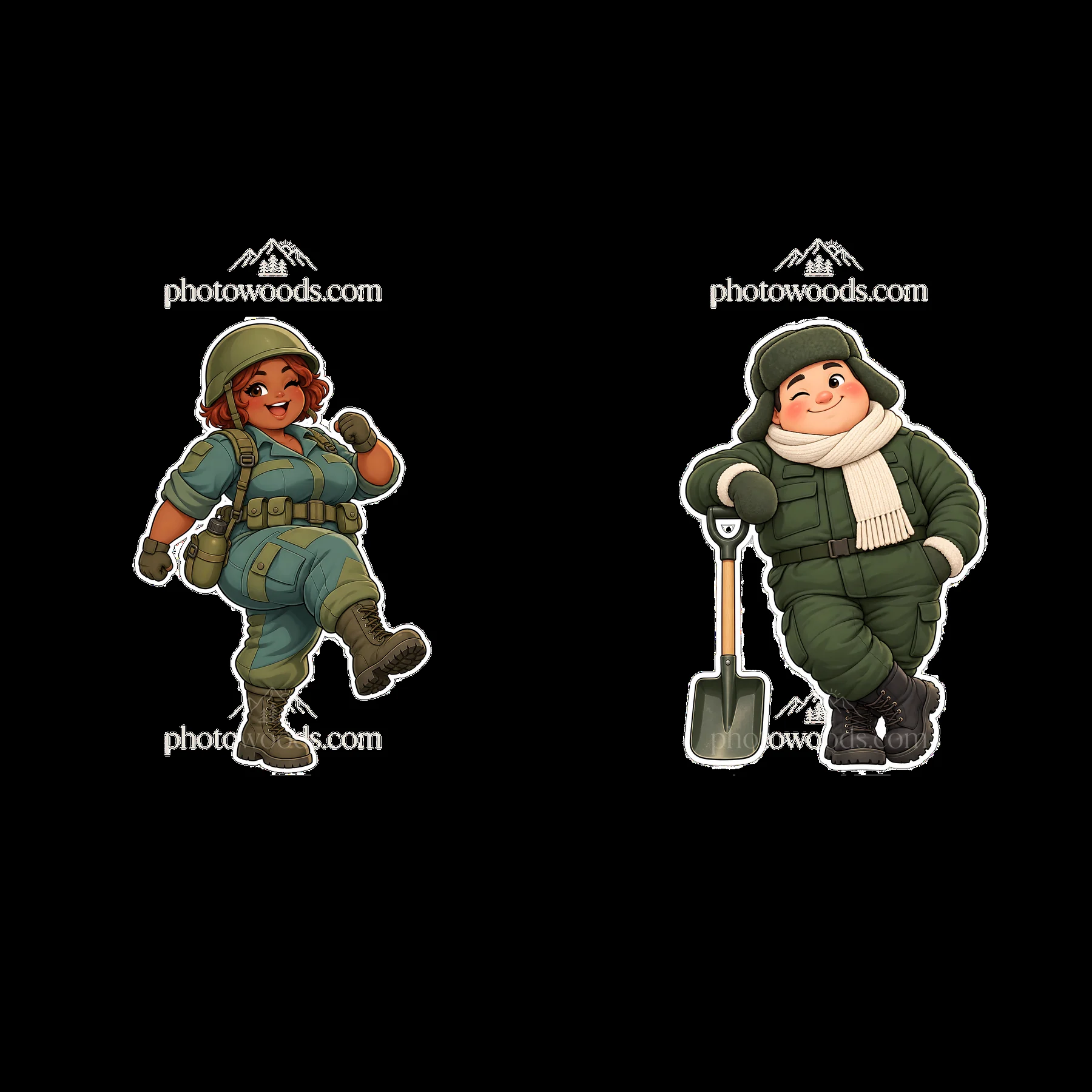 Cute chubby soldier stickers with shovel and playful pose - AI-generated stock image