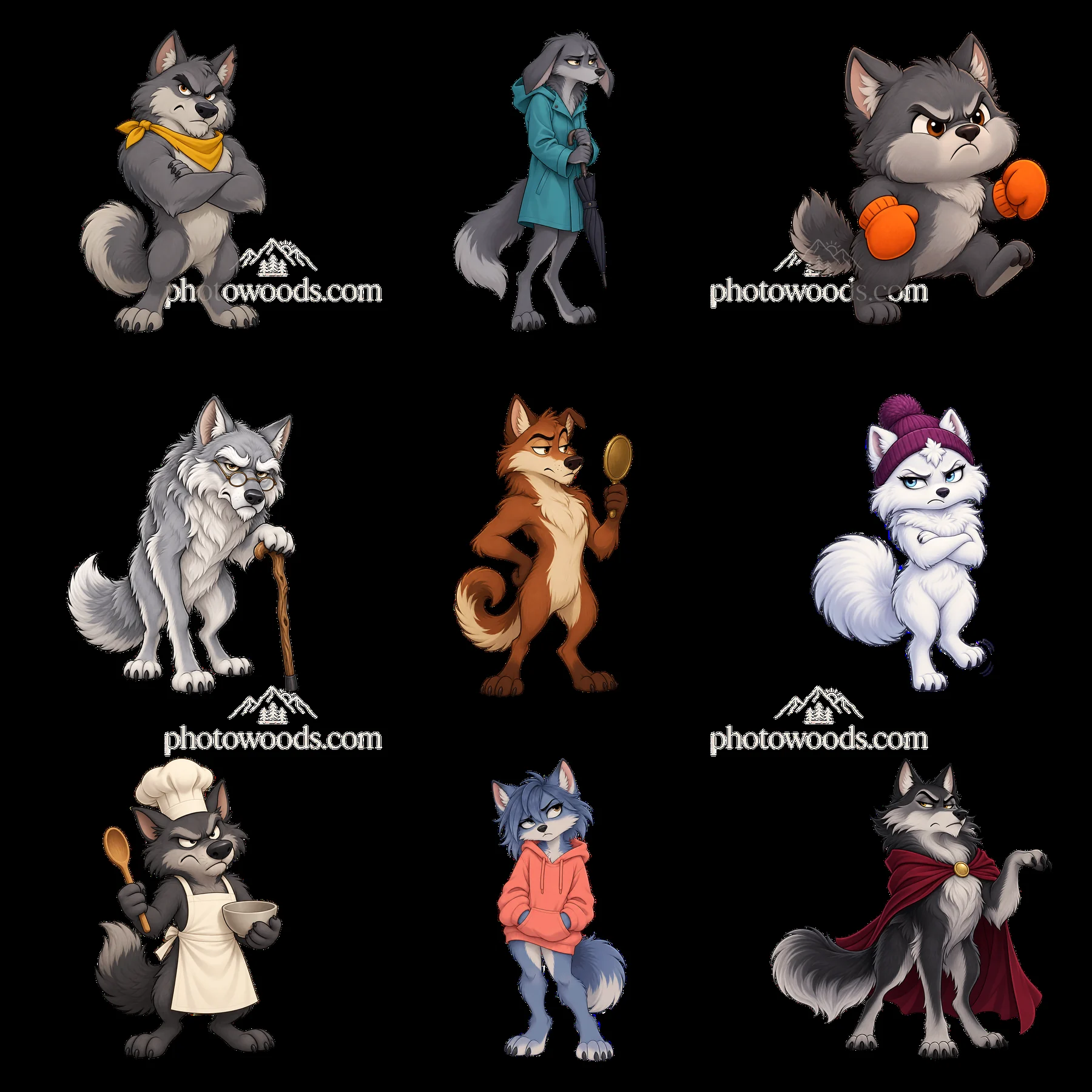 Grumpy wolf cartoon stickers in various humorous poses - AI-generated stock image