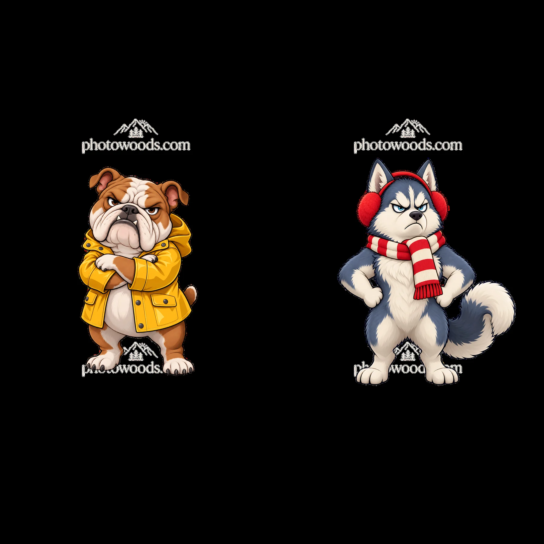 Grumpy dog duo with a bulldog in a yellow coat and husky in earmuffs - AI-generated stock image