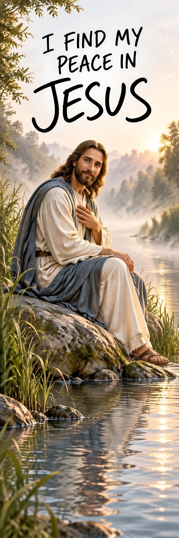 Jesus Christ sitting by a river sharing peace and comfort - AI-generated stock image