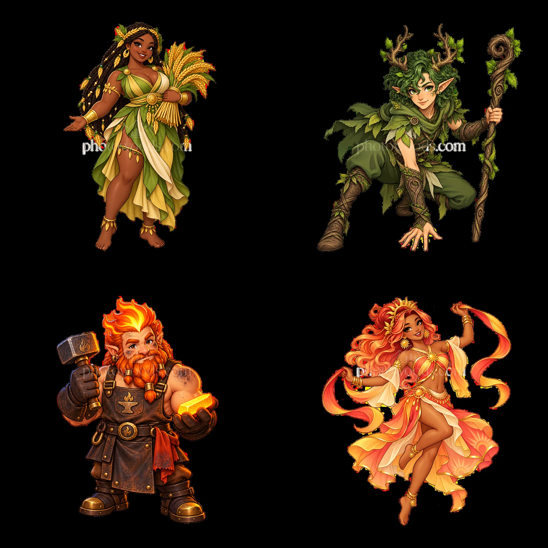 Pagan gods four character stickers in a 2x2 layout - AI-generated stock image