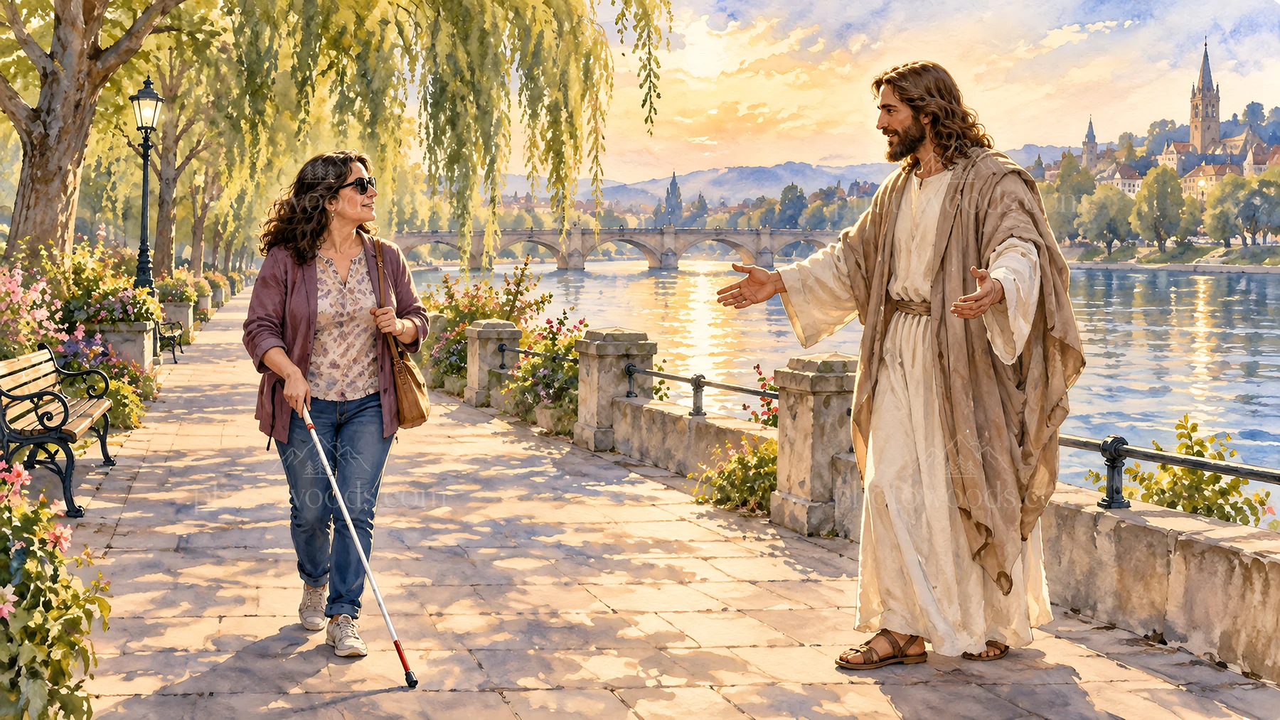 Jesus Christ welcoming a woman on a riverside path - AI-generated stock image