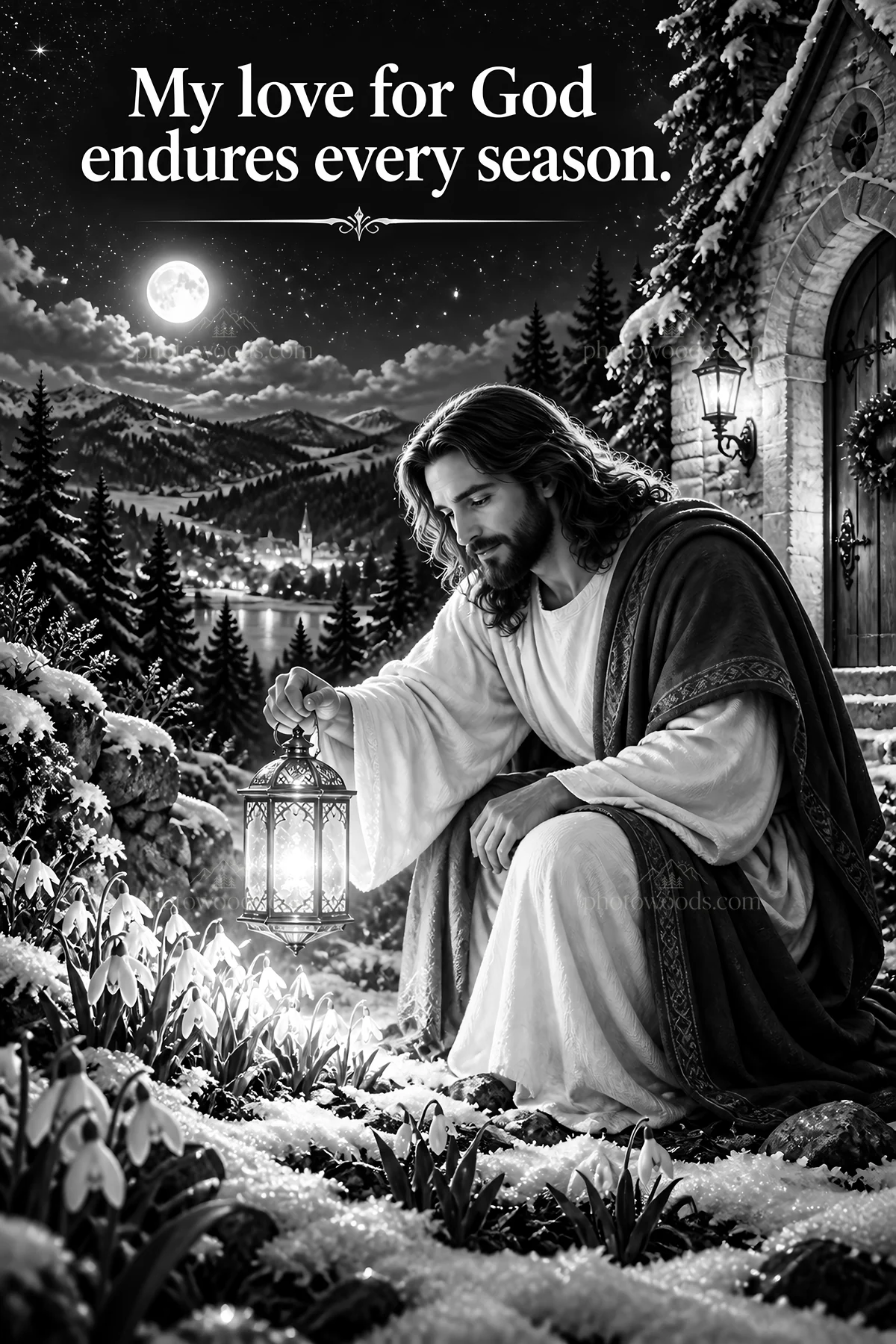 Jesus Christ holding a lantern in a snowy landscape - AI-generated stock image