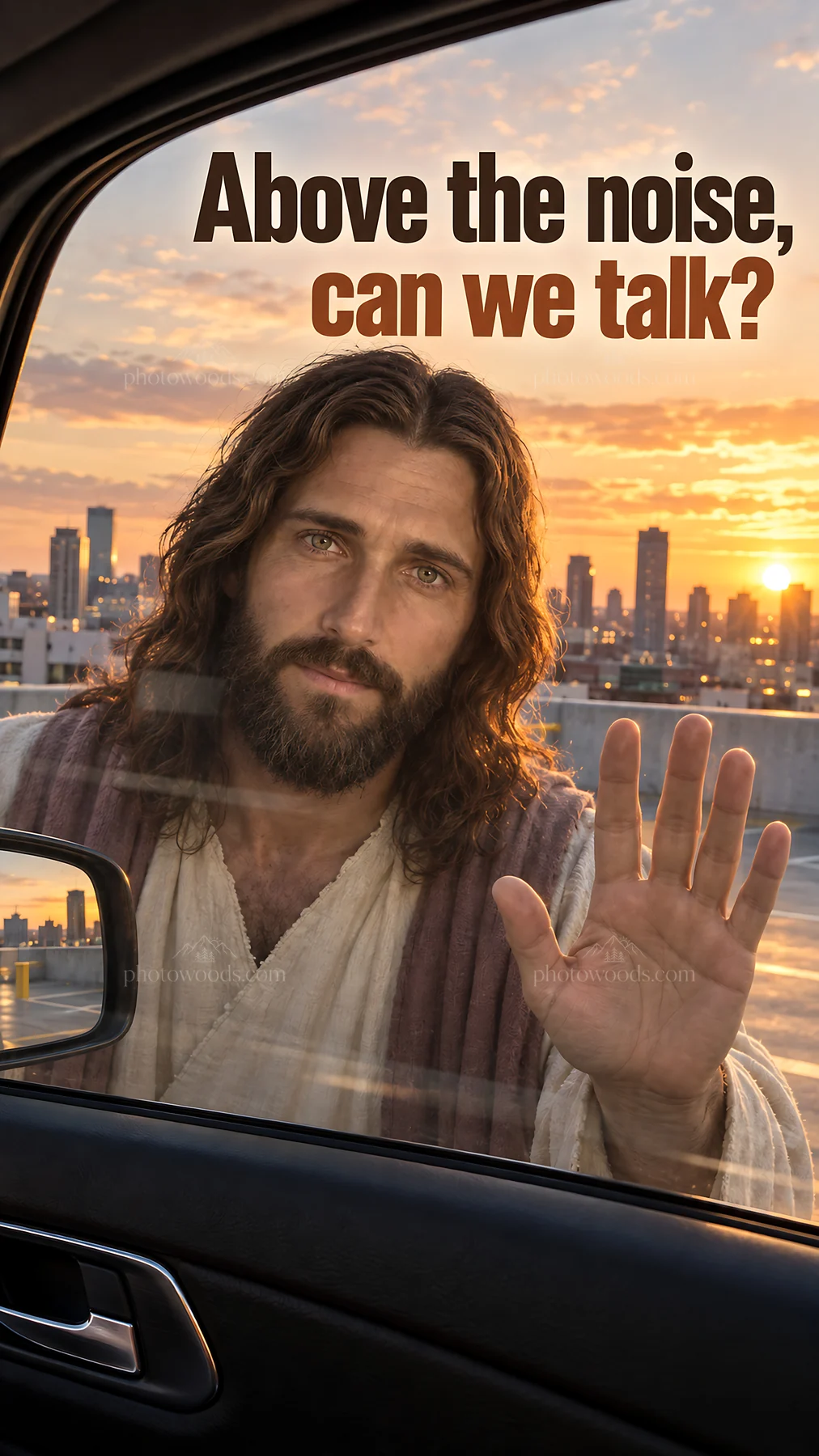 Jesus Christ reaching out while inviting conversation - AI-generated stock image