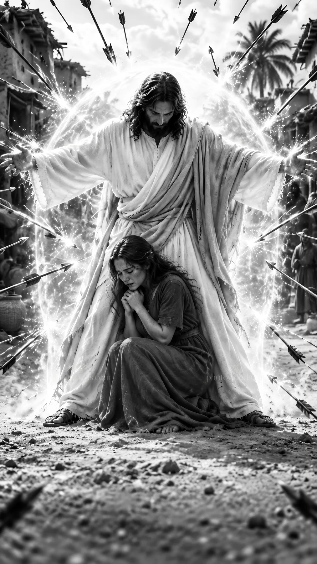 Jesus Christ protects a woman from arrows in a town setting - AI-generated stock image