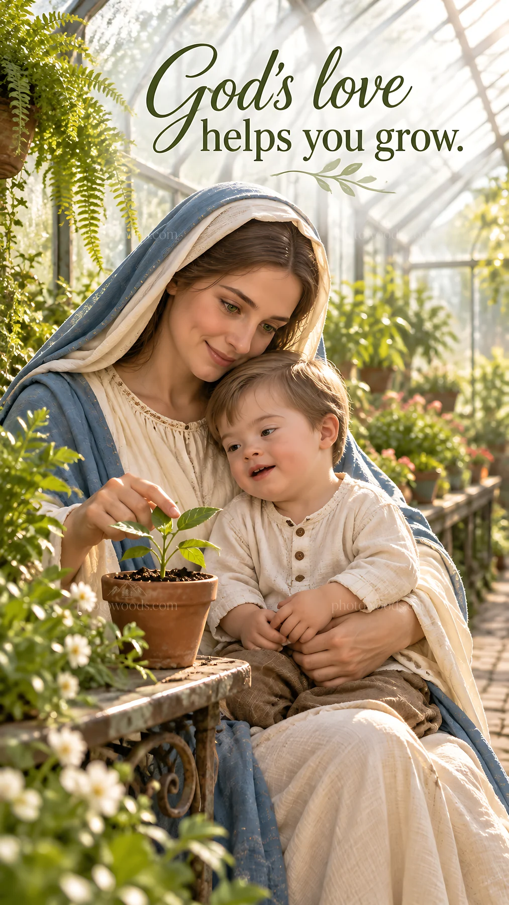 Jesus Christ nurtures a child in a garden setting - AI-generated stock image