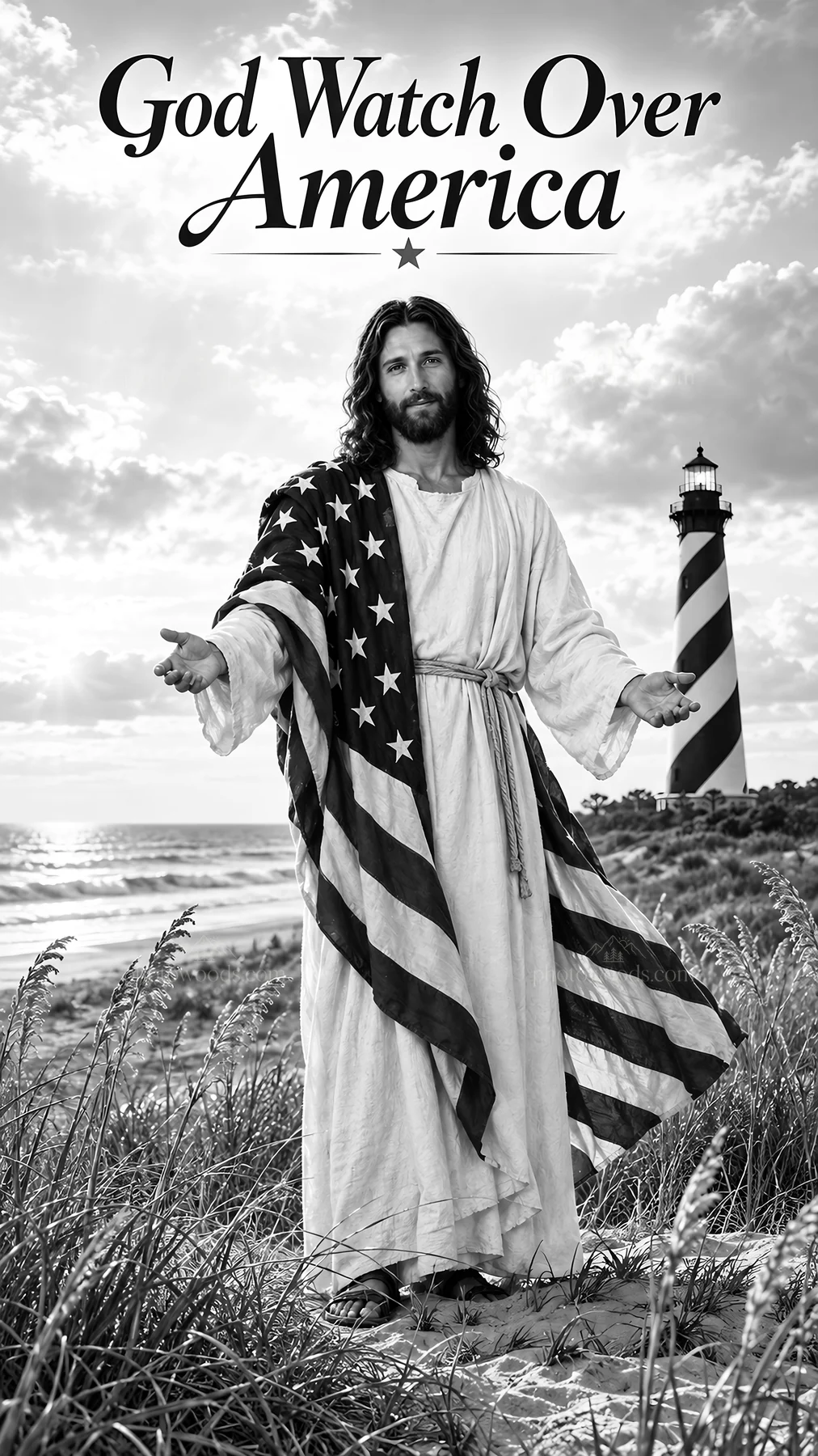 Jesus Christ welcoming with American flag in a coastal setting - AI-generated stock image