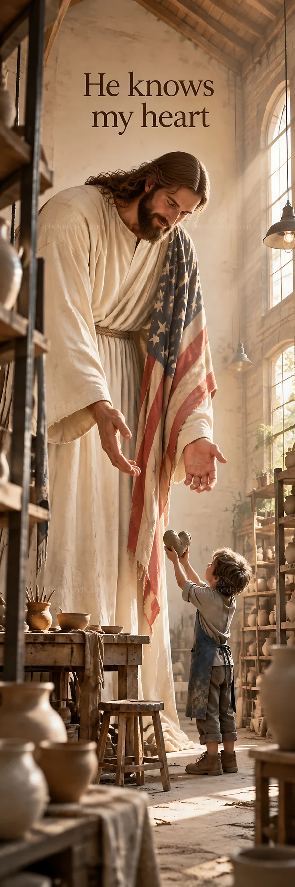 Jesus Christ welcoming a child in a pottery workshop - AI-generated stock image