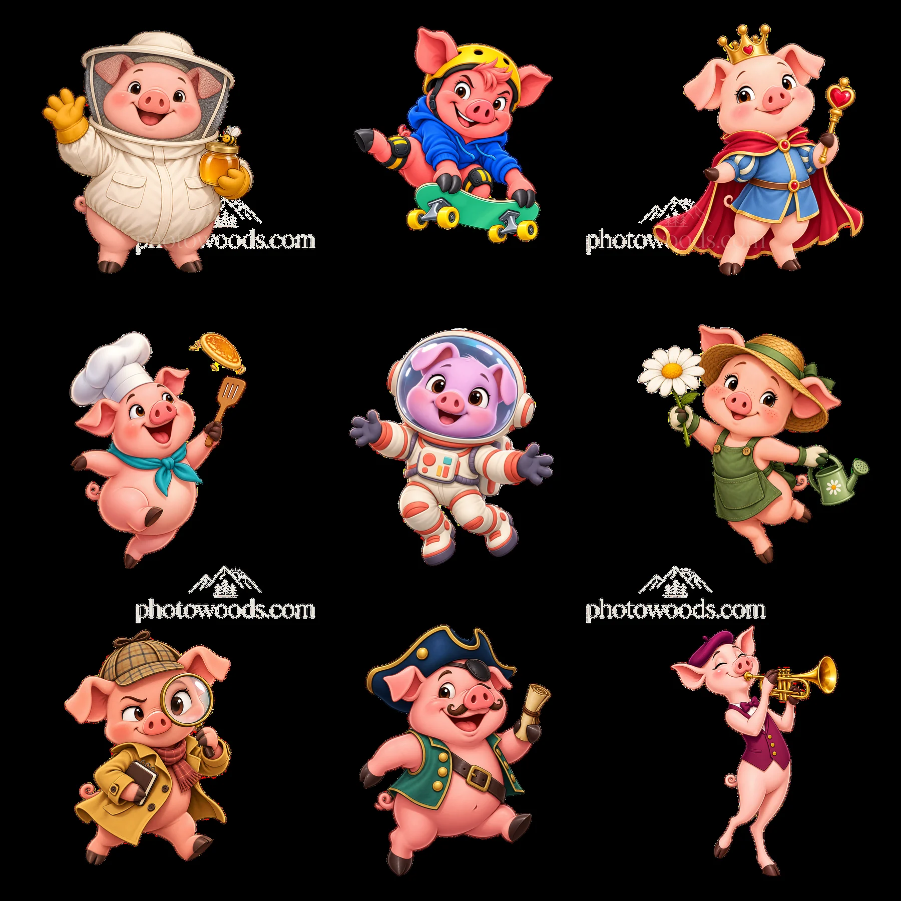 Colorful cartoon pigs in various fun costumes and activities - AI-generated stock image