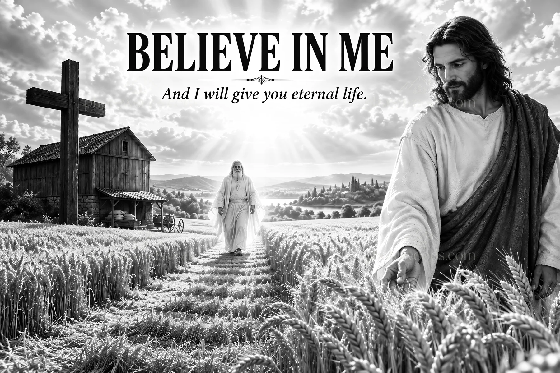 Jesus Christ inviting belief in Him in a wheat field - AI-generated stock image