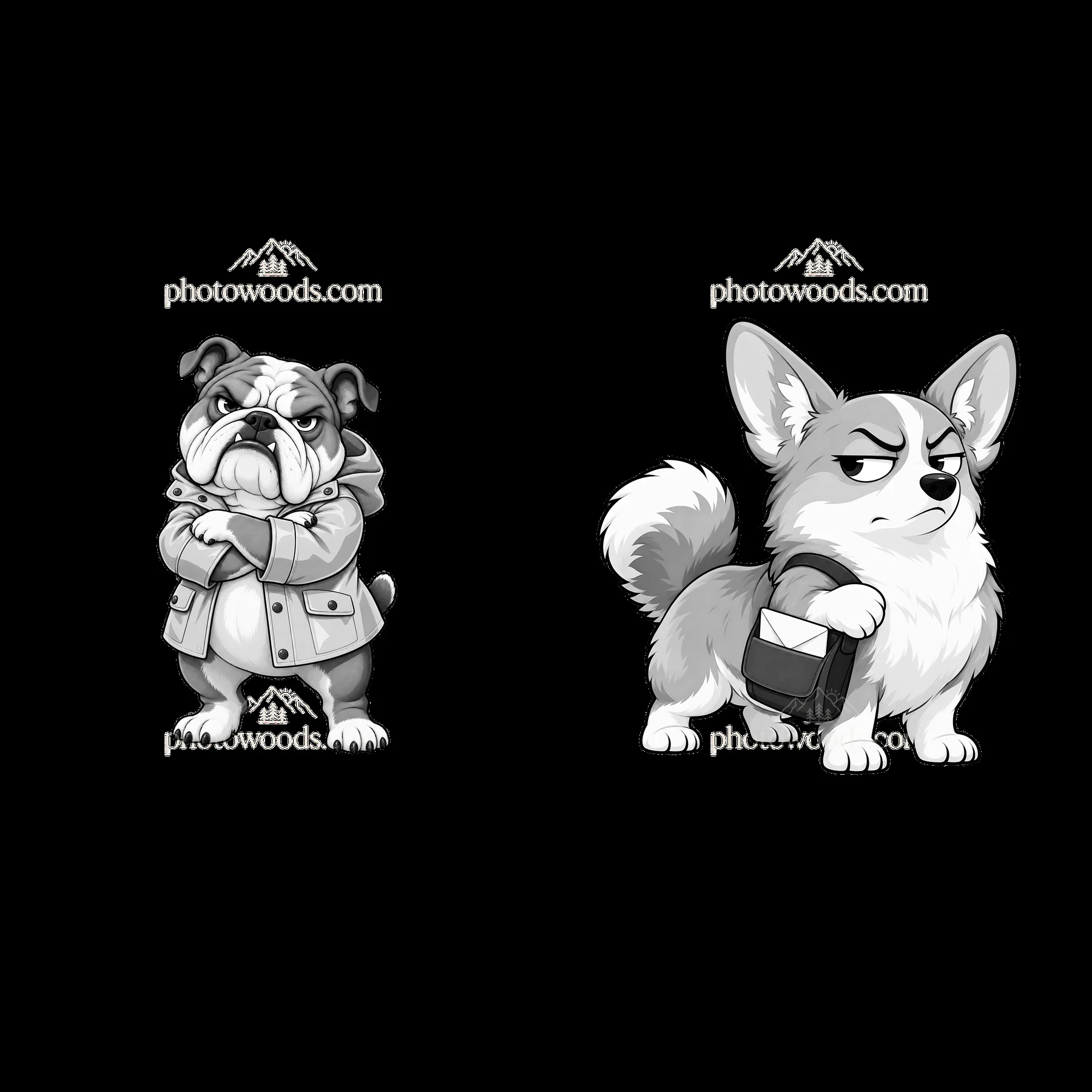 Grumpy dog and corgi with accessories in black and white - AI-generated stock image