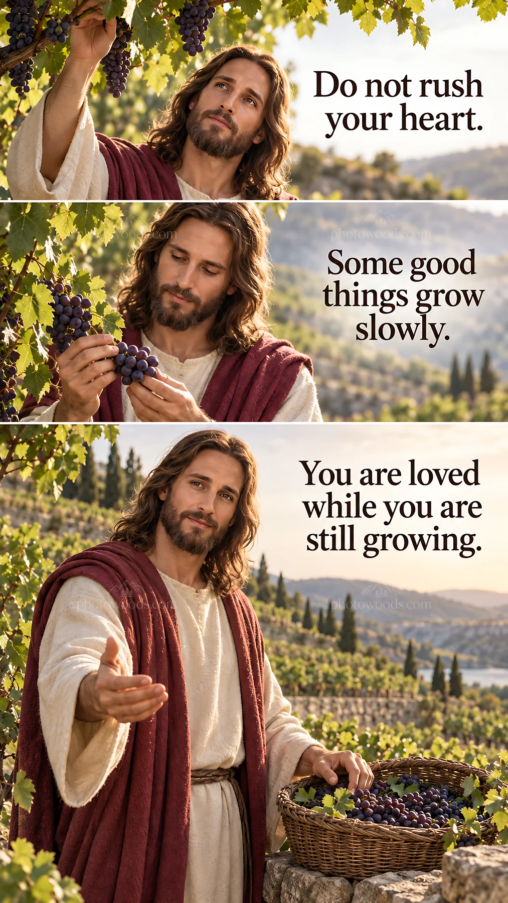 Jesus Christ sharing a message while tending to grapes - AI-generated stock image