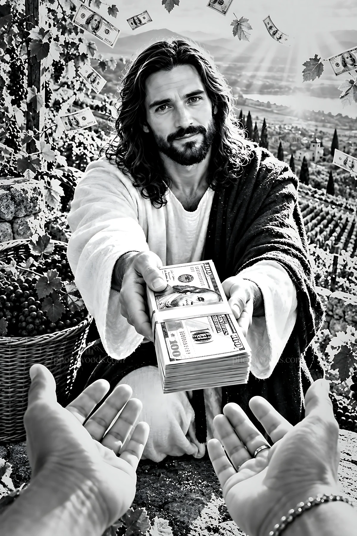 Financial exchange in a vineyard setting - AI-generated stock image